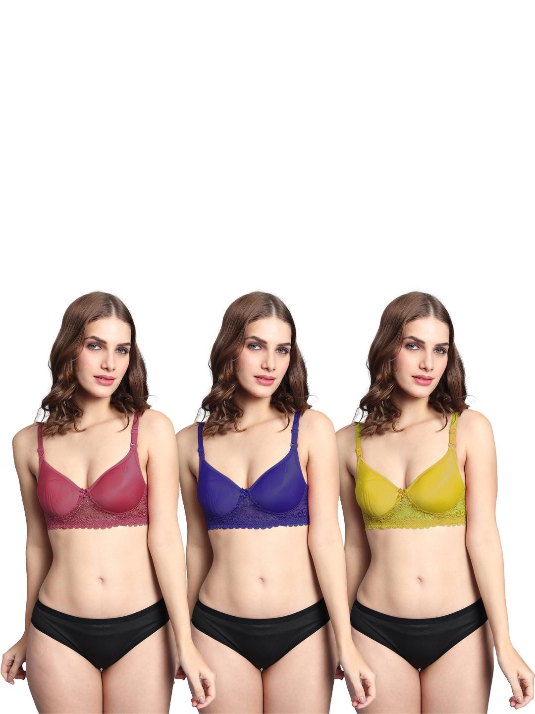 Women Maroon,Blue,Yellow Cotton Blend Bra Panty Set for Lingerie Set Undergarments Pack of 3
