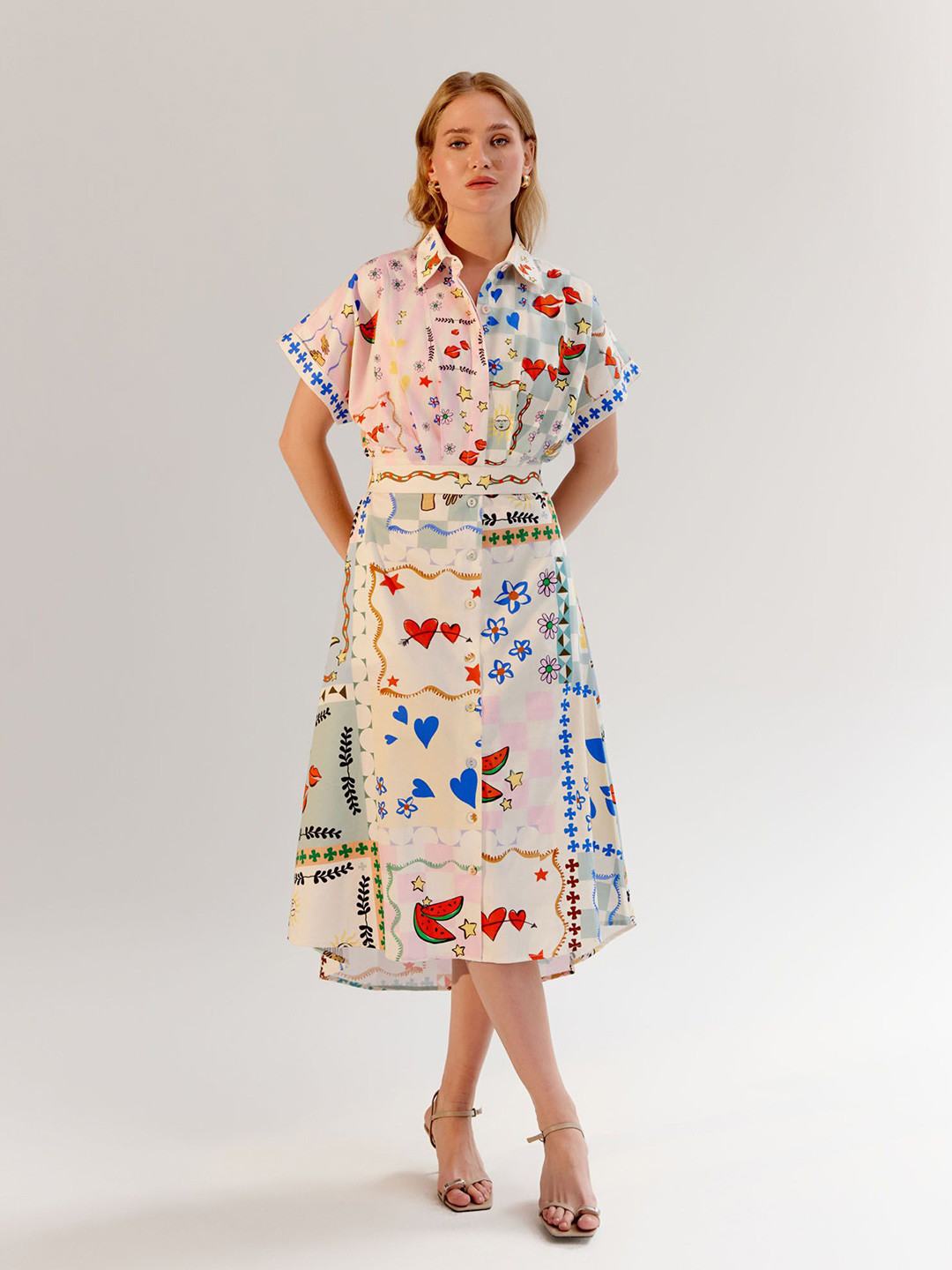 NOIB Boardgame Women Printed Shirt Midi Dress