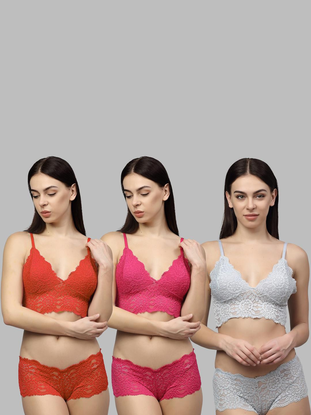 Women Red,Pink,Grey Net Bra Panty Set for Lingerie Set Undergarments Pack of 3