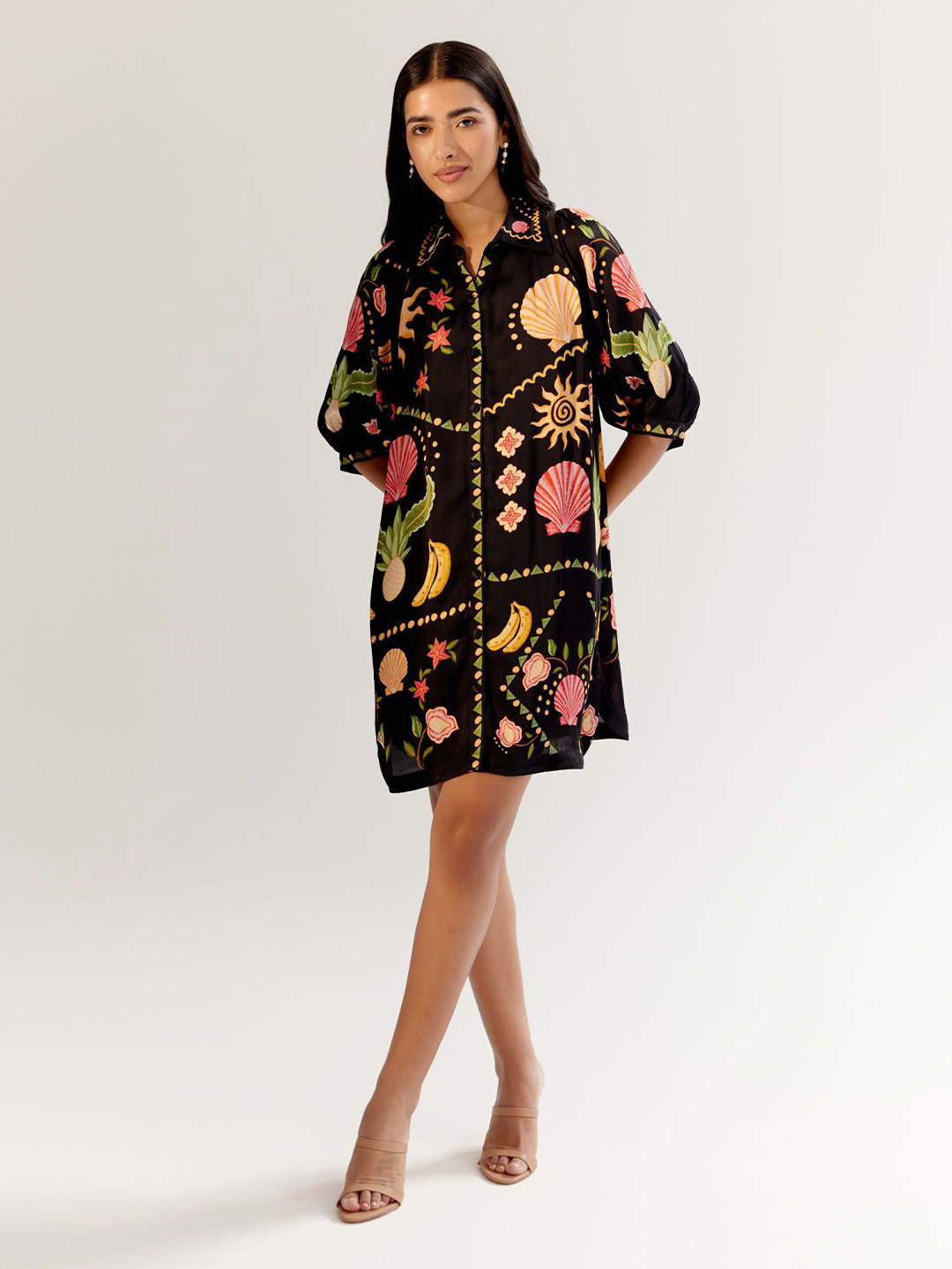 NOIB Rosa Mini - Seashell Women Graphic Printed Shirt Collar Satin Shirt Mini Dress
