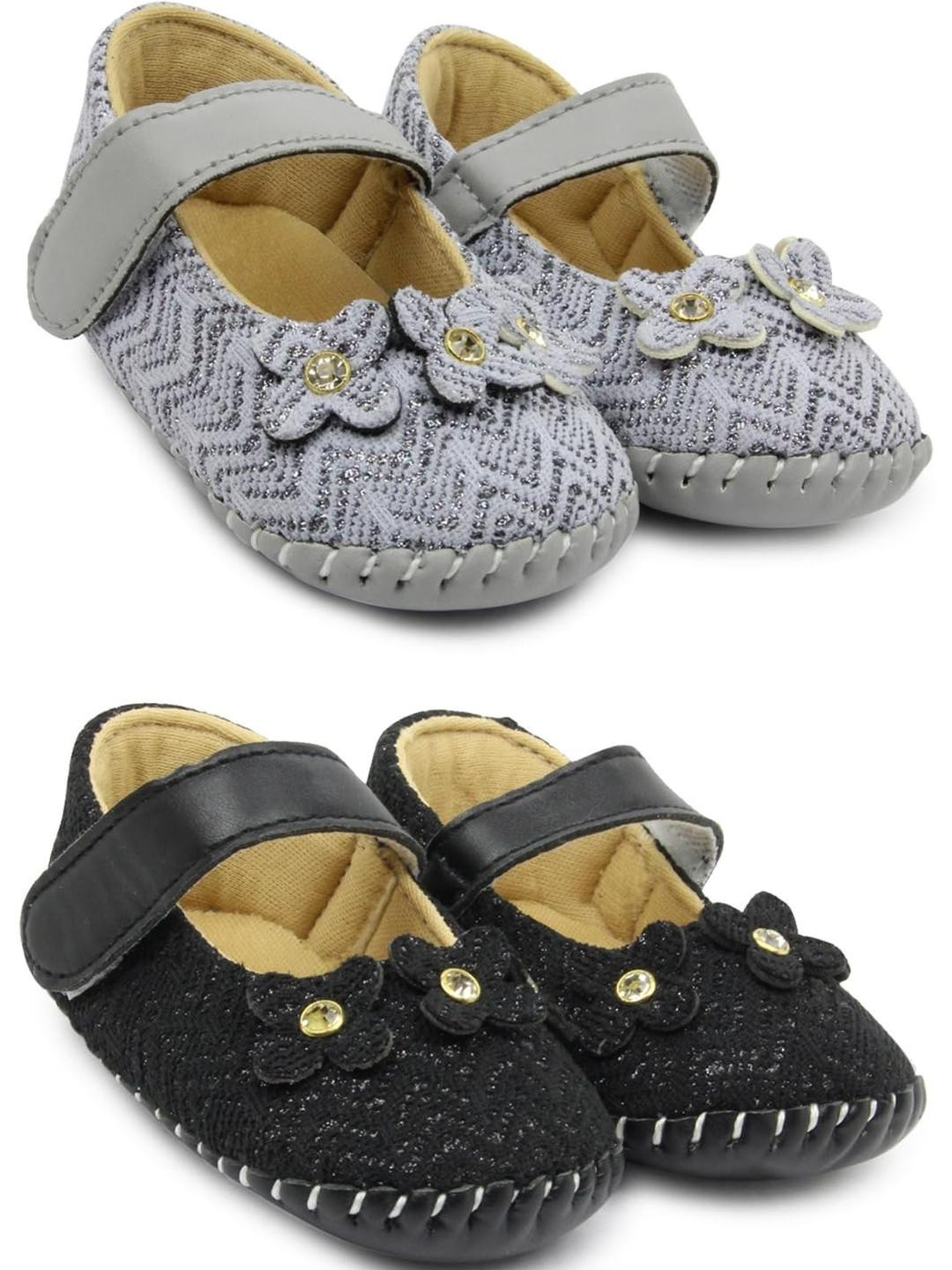 Neska Moda 6 To 12 Months Baby Girls Set of 2 Pair Synthetic Leather Floral Baby Sandal Booties (Toe to Heel Length - 12 cm, Black, Grey)