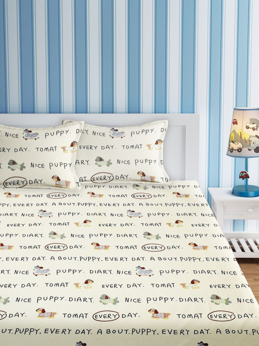 URBAN DREAM Kids White Typography Cotton 210 TC Double Queen Bedsheet Set-2.3m x 2.54m