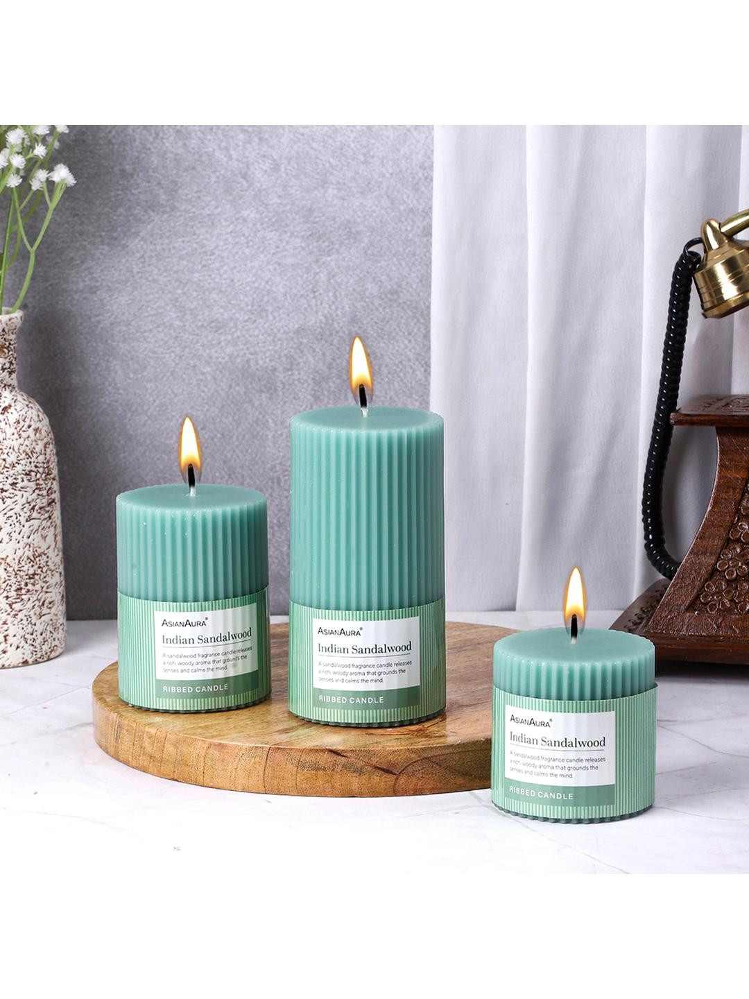 Asian Aura Ribbed Candle Home dcor 3Pcs Indian Sandalwood Solid Pillar Candles