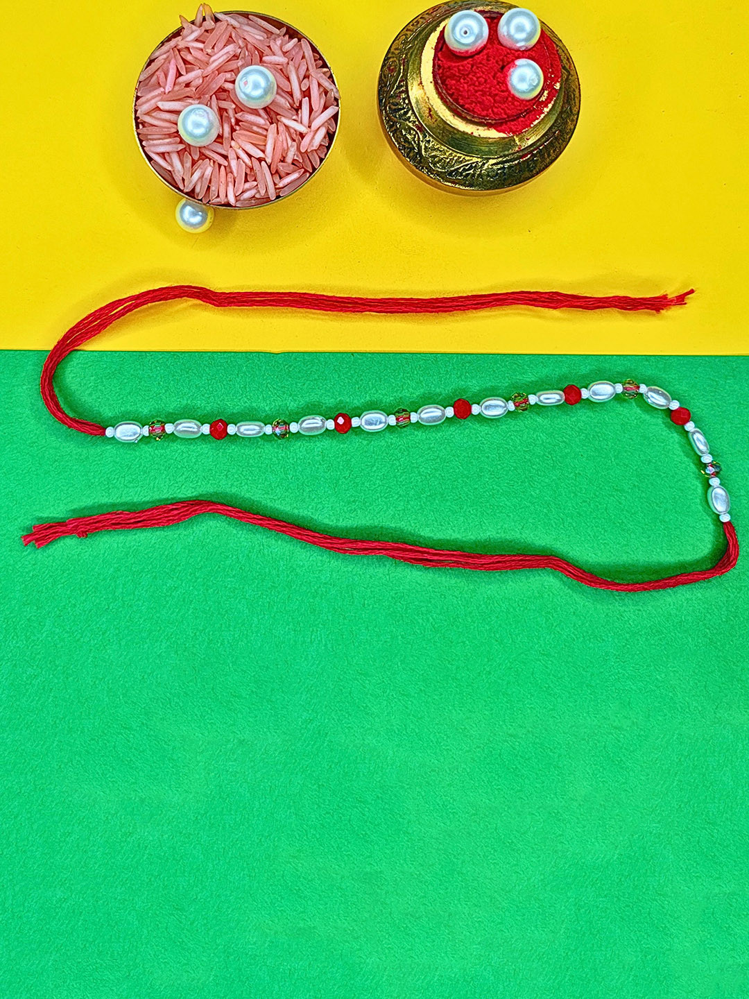 ORANGENYSHA Set Of 3 American Diamonds Studded & Beaded Meenakari Thread Rakhis
