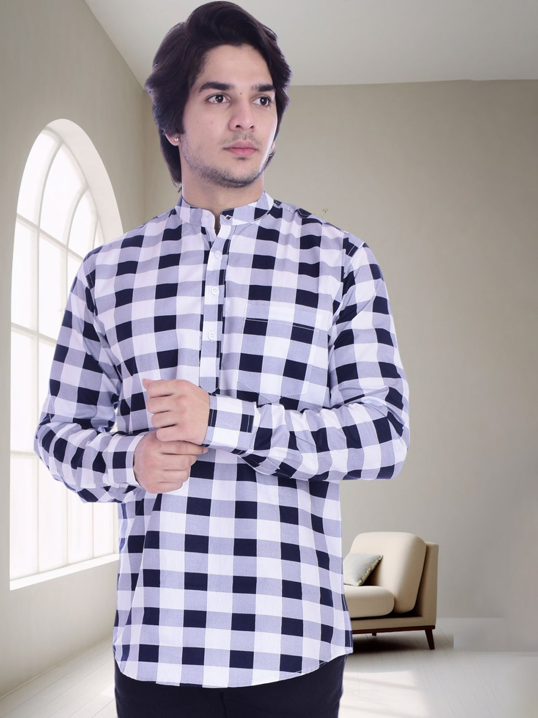 BASE 41 Men Checked Thread Work Straight Kurta