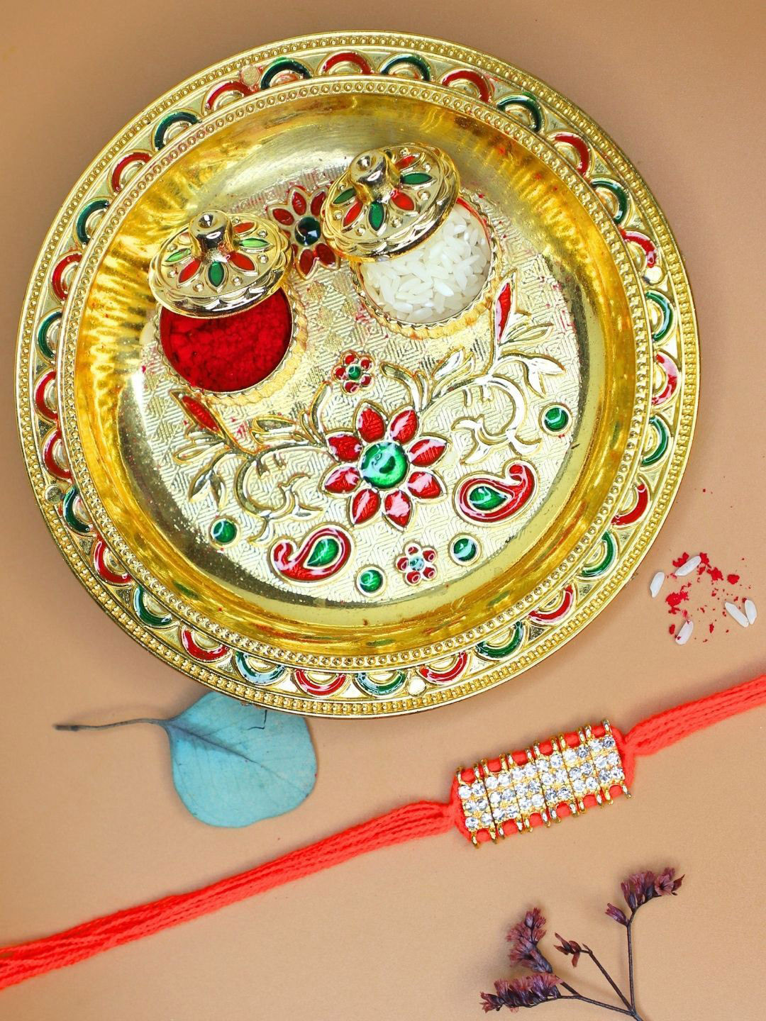 Anouk Stones-Studded Rakhi With Thali Greeting Card & Roli Chawal