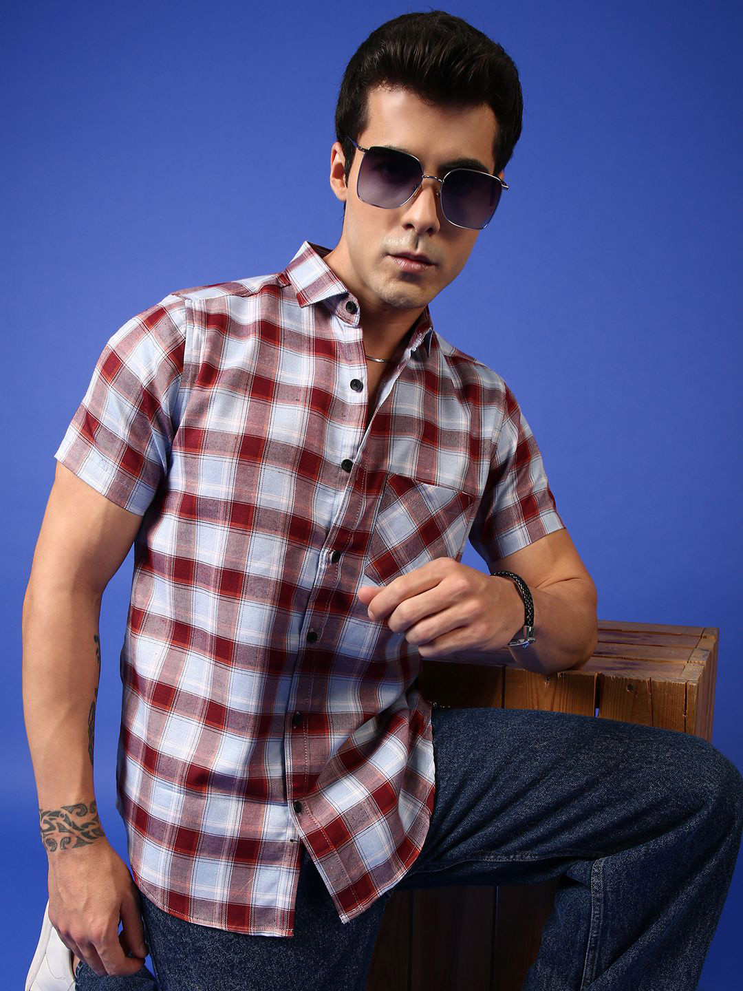 THE BEETEL HOUSE Men Buffalo Checks Chest Pocket Spread Collar Casual Shirt