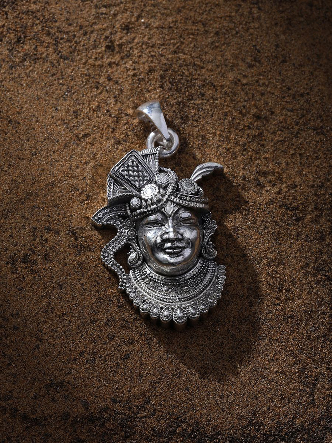Exotic India Unisex Sterling Silver Shrinathji Face Goddess Pendant