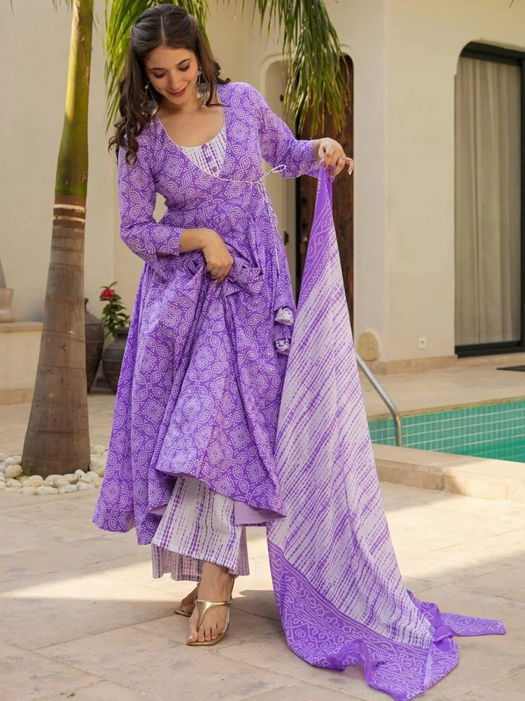 Wedani Women Bandhani Printed A-Line Kurta with Palazzo & Dupatta