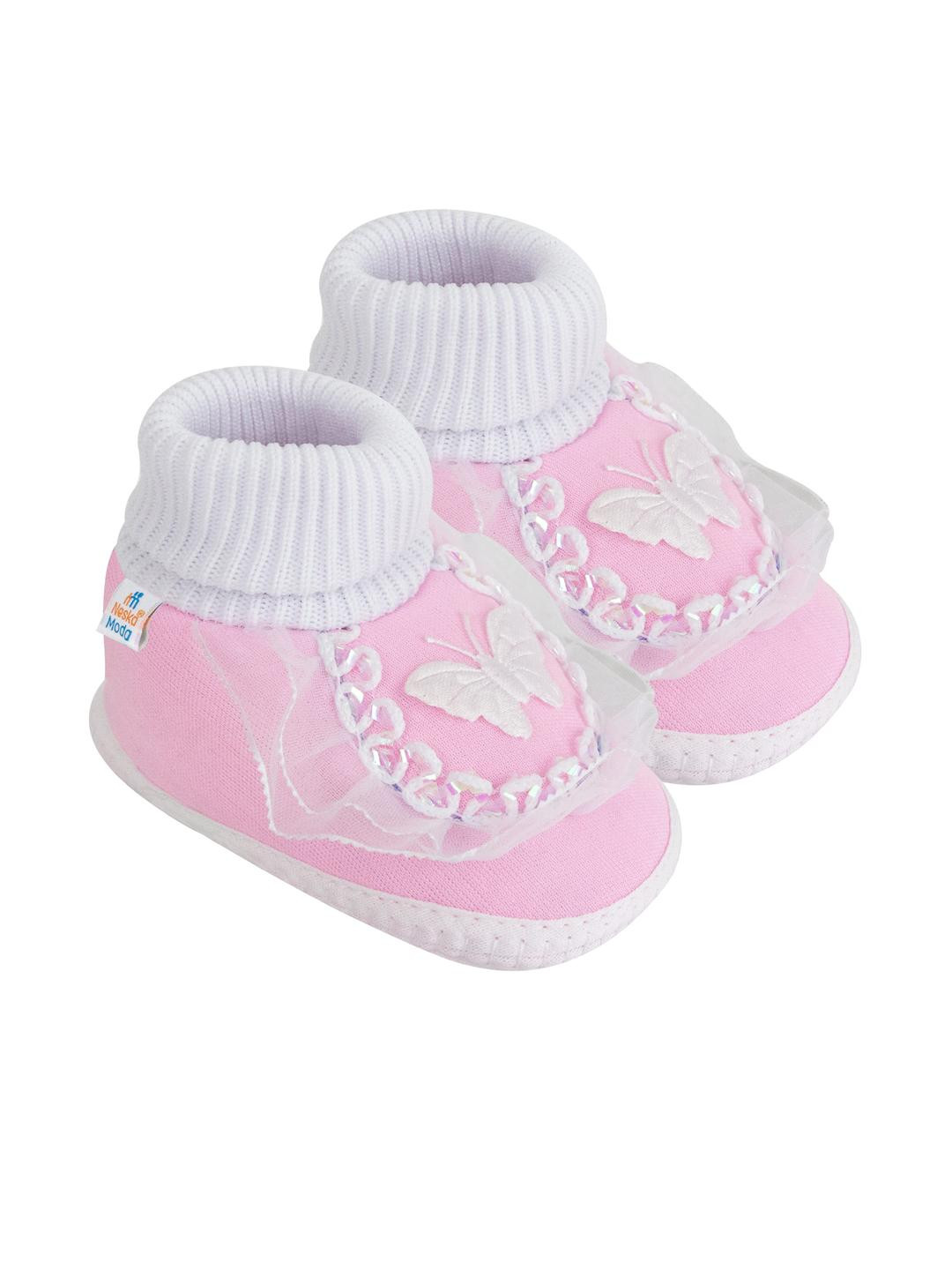 Neska Moda 3 To 12 Months Baby Boys & Baby Girls Cute Cotton Pre-Walker Butterfly Frill Booties (Toe to Heel Length - 12 cm, White, Pink)