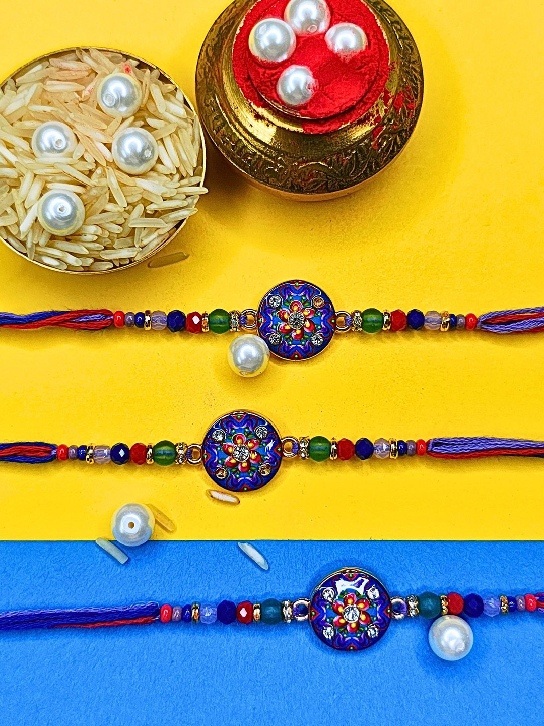 ORANGENYSHA Set Of 3 American Diamonds Studded & Beaded Meenakari Thread Rakhis