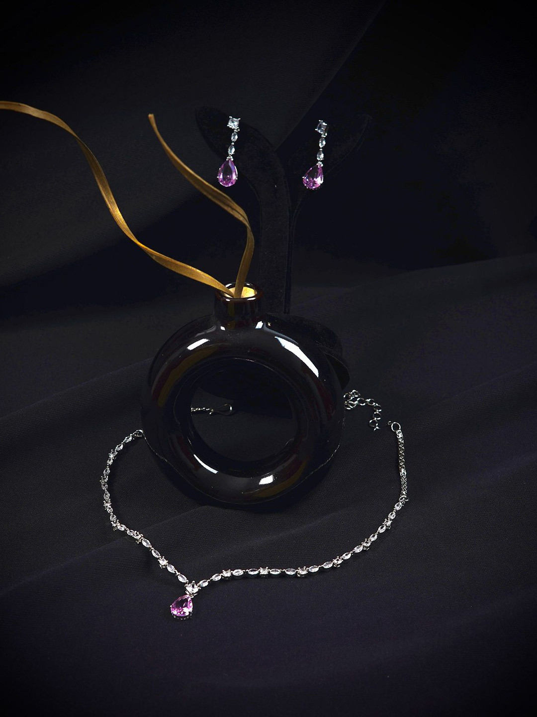 Gemron Jewel Rhodium-Plated American Diamond Necklace With Earrings Jewellery Set