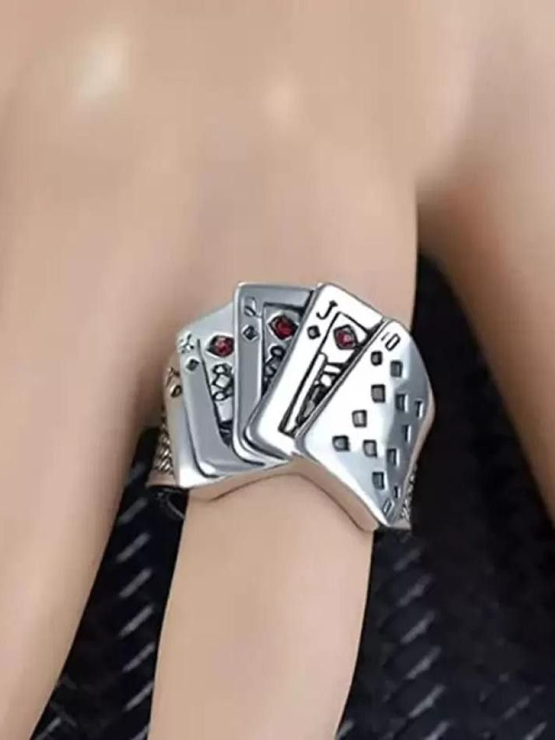 Zoey Silver-Plated Intricate Playing Card Shaped Adjustable Finger Ring