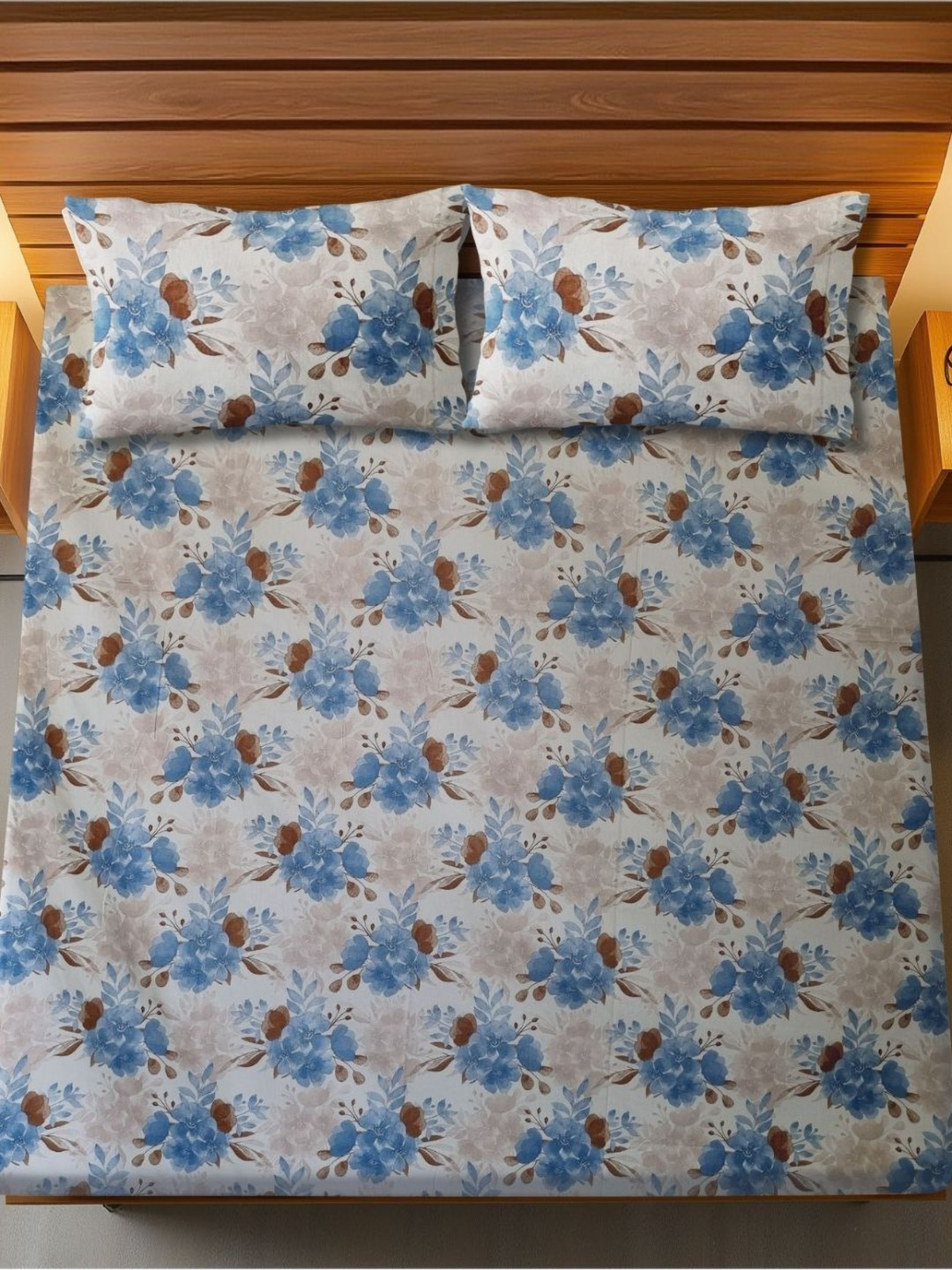 HARYANA HOOPS Beige & Blue Floral Cotton 300 TC Double King Bedsheet Set-2.77 m x 2.77 m