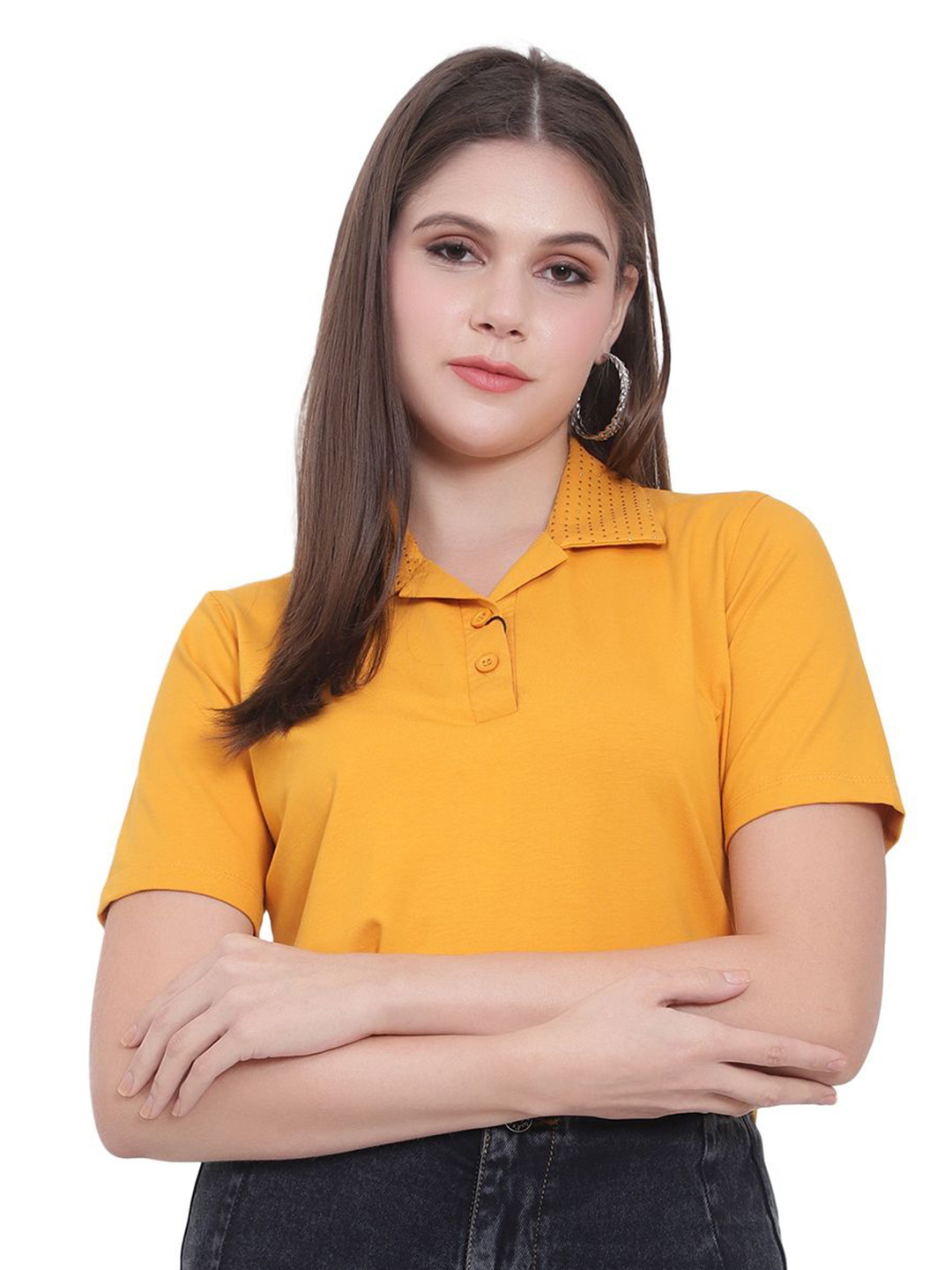 God's Club Women Regular Fit Polo Collar Crop T-shirt