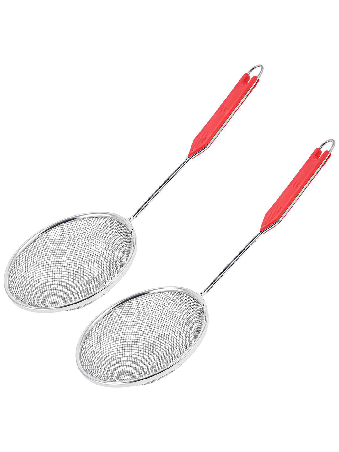 Kuber Industries Silver-Toned & Red 2 Pieces Stainless Steel Oil Frying Strainer
