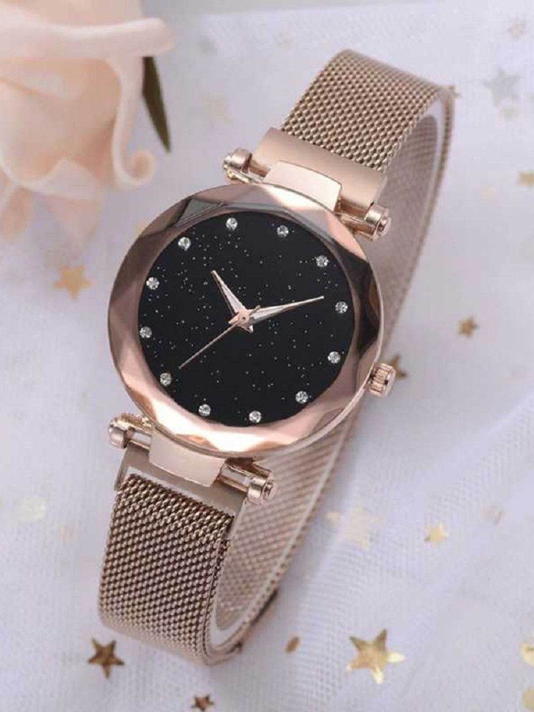 SELLORIA Magnetic Women Stainless Steel Straps Analogue Watch 12Diamnd_ RoseGold_Magnet