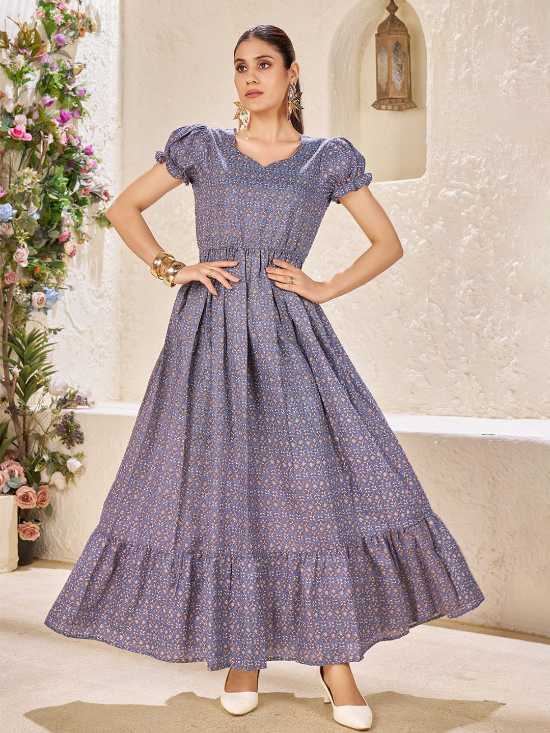 CHANSI Women Ethnic Motifs Print Sweetheart Neck Puff Sleeve Cotton Fit & Flare Dress