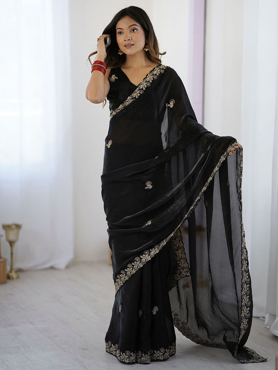 Satrani Embellished Embroidered Sequinned Border Tissue Saree