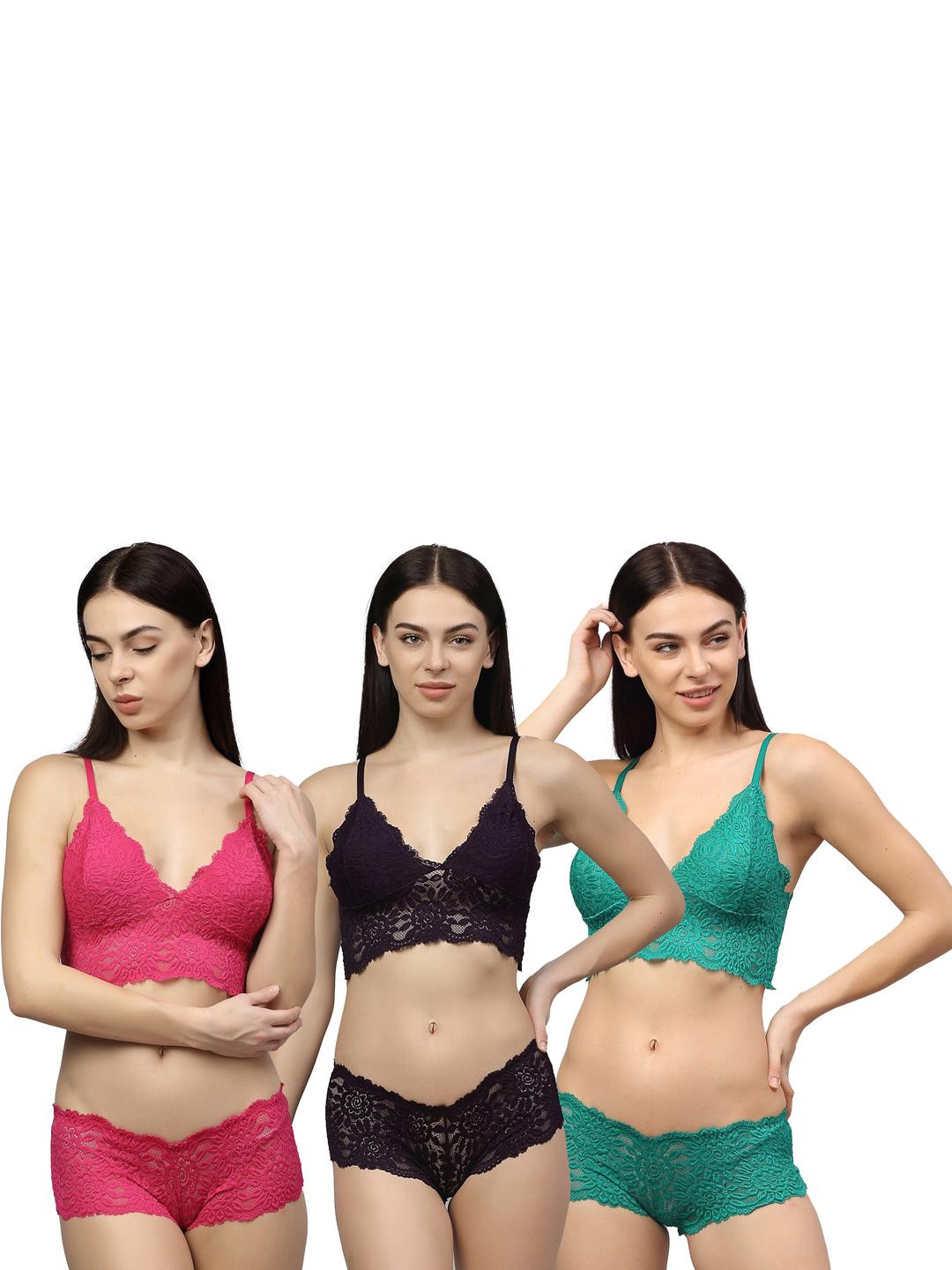 Women Pink,Blue,Green Net Bra Panty Set for Lingerie Set Undergarments Pack of 3