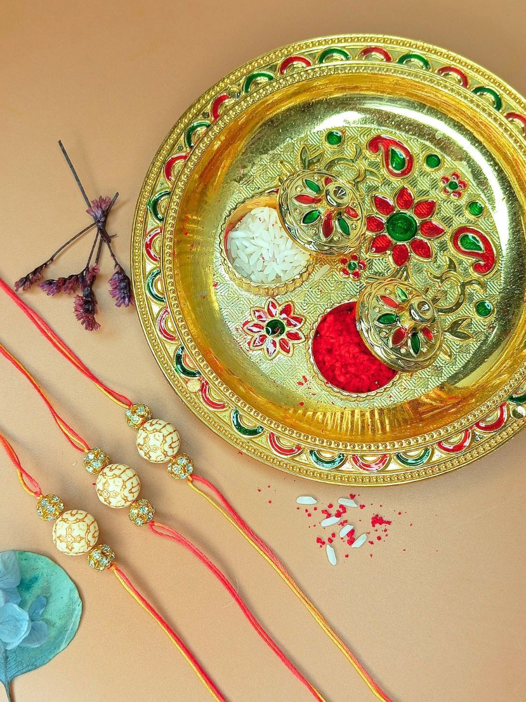 Anouk Set Of 3 Rakhi & Greeting Card With Pooja Thali