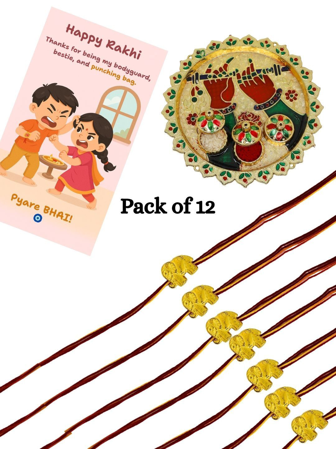 Anouk Set Of 12 Elephant Rakhi with Card & Roli Rice Pooja Thali