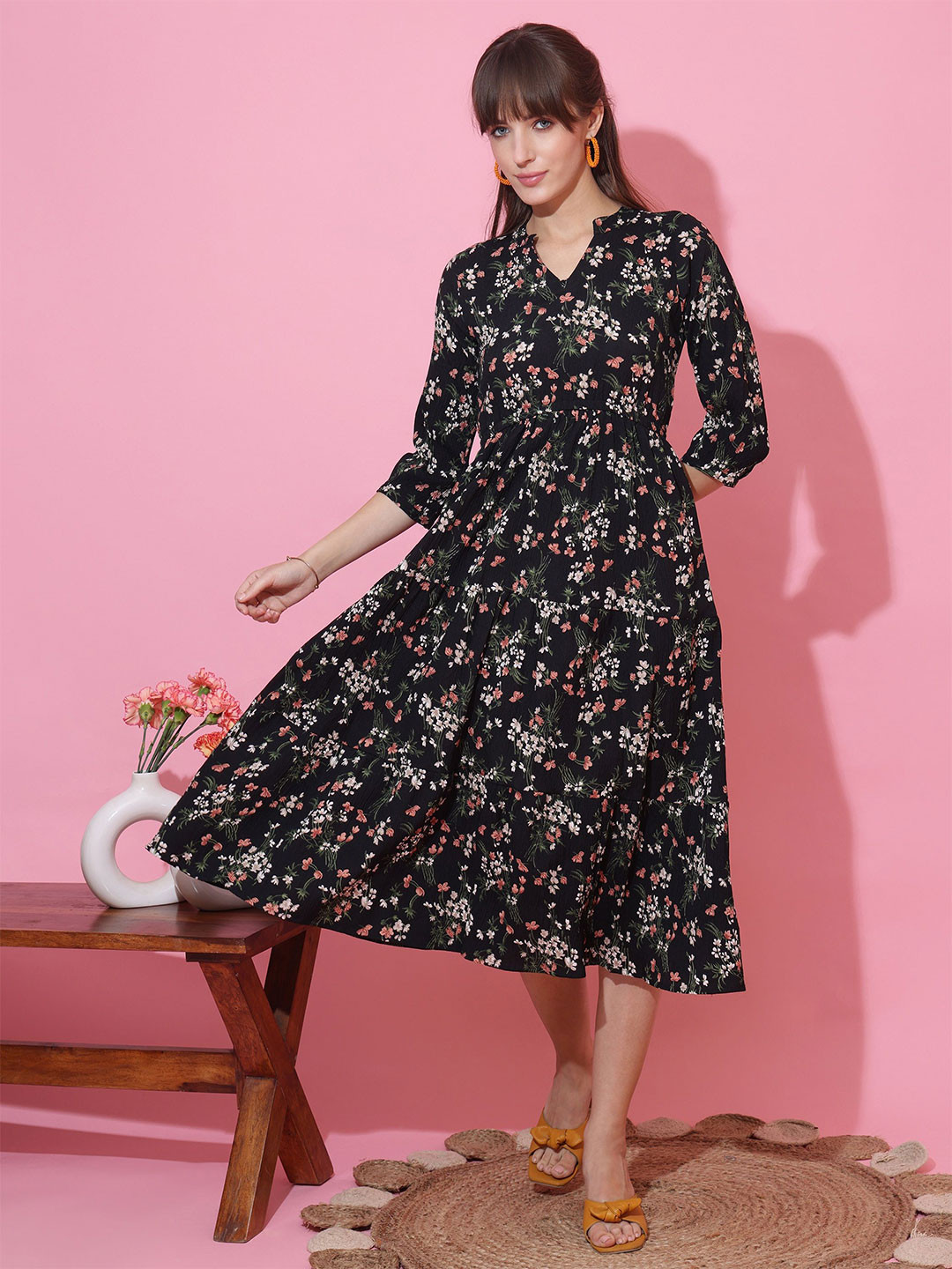 SHEETAL Associates Women Floral Printed Mandarin Collar Pleated Fit & Flare Midi Dress