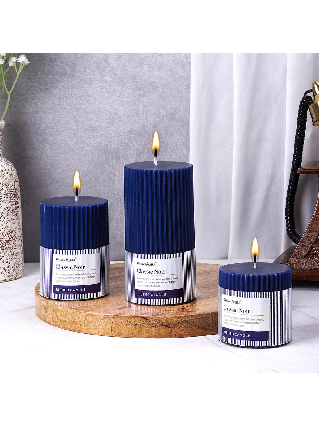 Asian Aura Ribbed Home dcor 3Pcs Classic Noir Solid Geometric Regular Pillar Candles