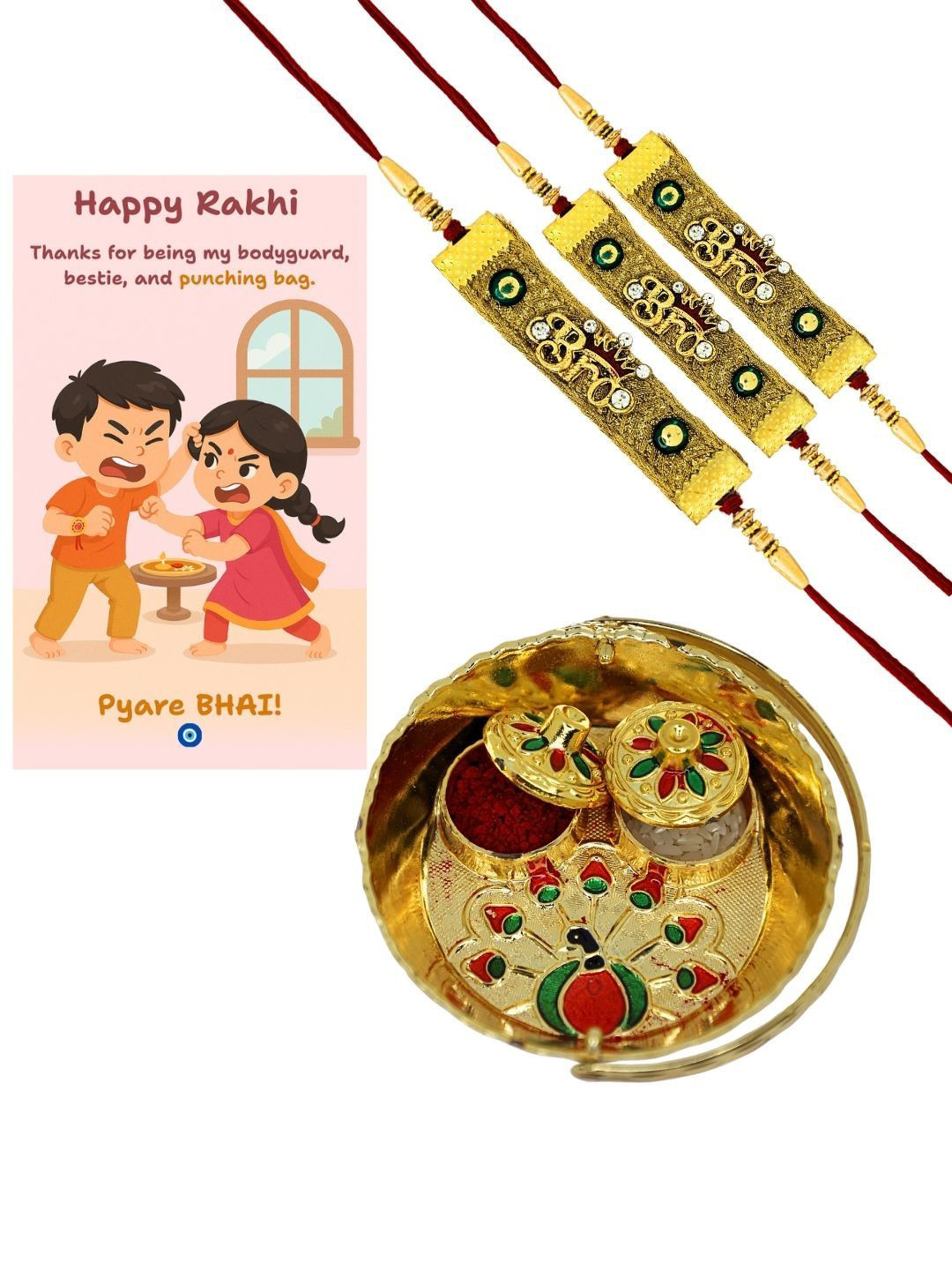 Anouk Set Of 3 Stones Studded Thread Rakhis With Pooja Thali Card & Kumkum