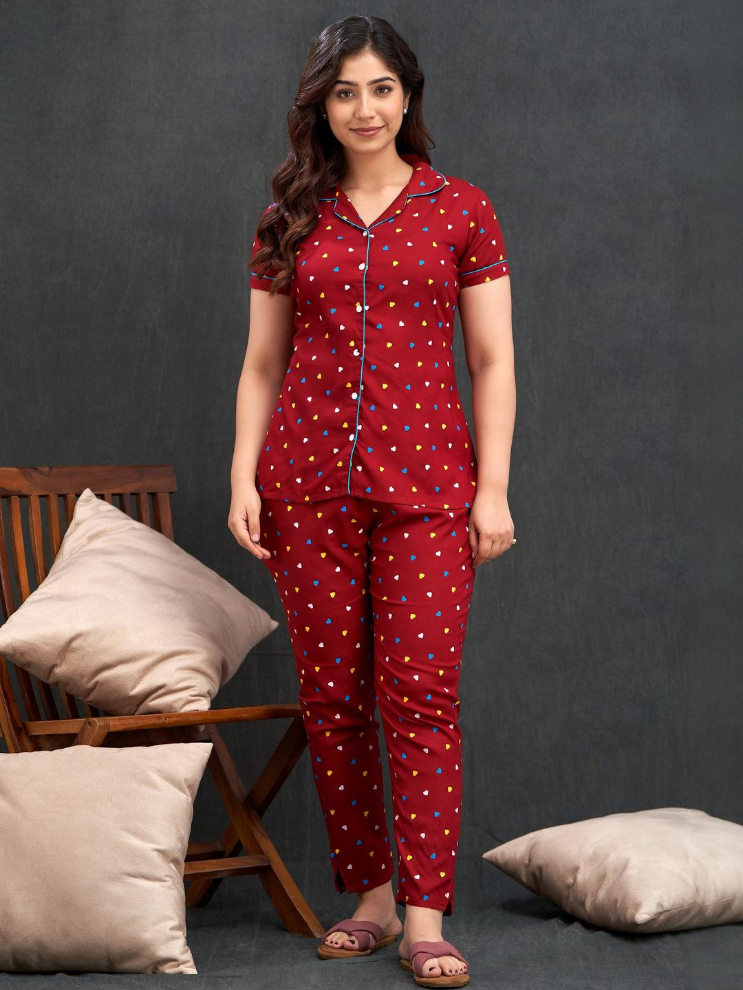 Women Maroon 3 Dil Print Night Suit