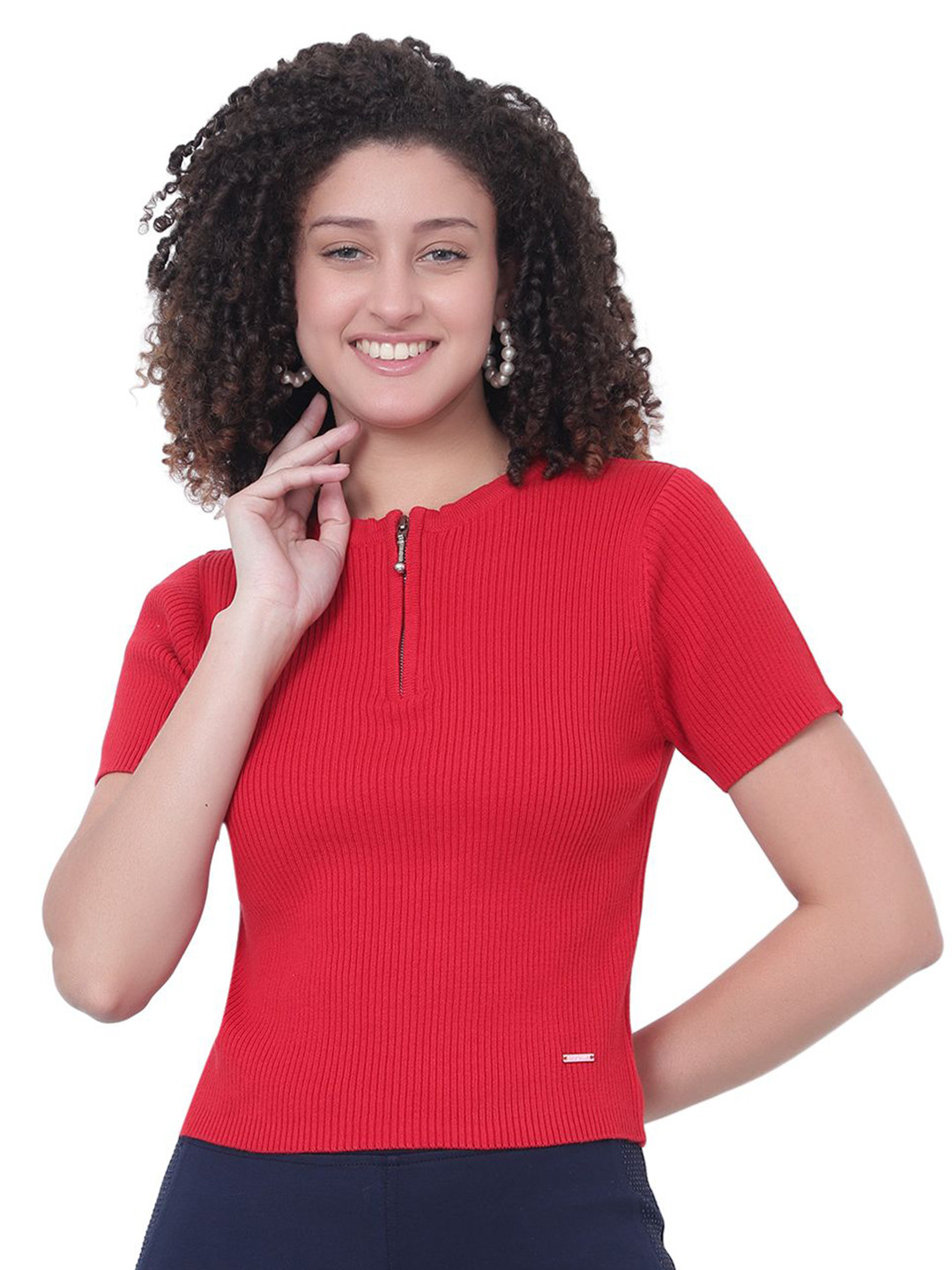 God's Club Women Henley Neck Regular Fit Ribbed T-shirt