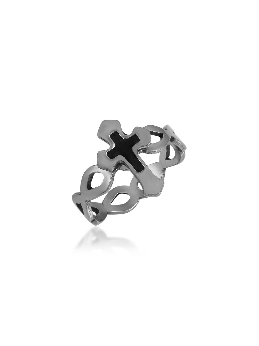 Missmister Silver-Plated Oxidised Jesus Crucifix Cross Finger Ring