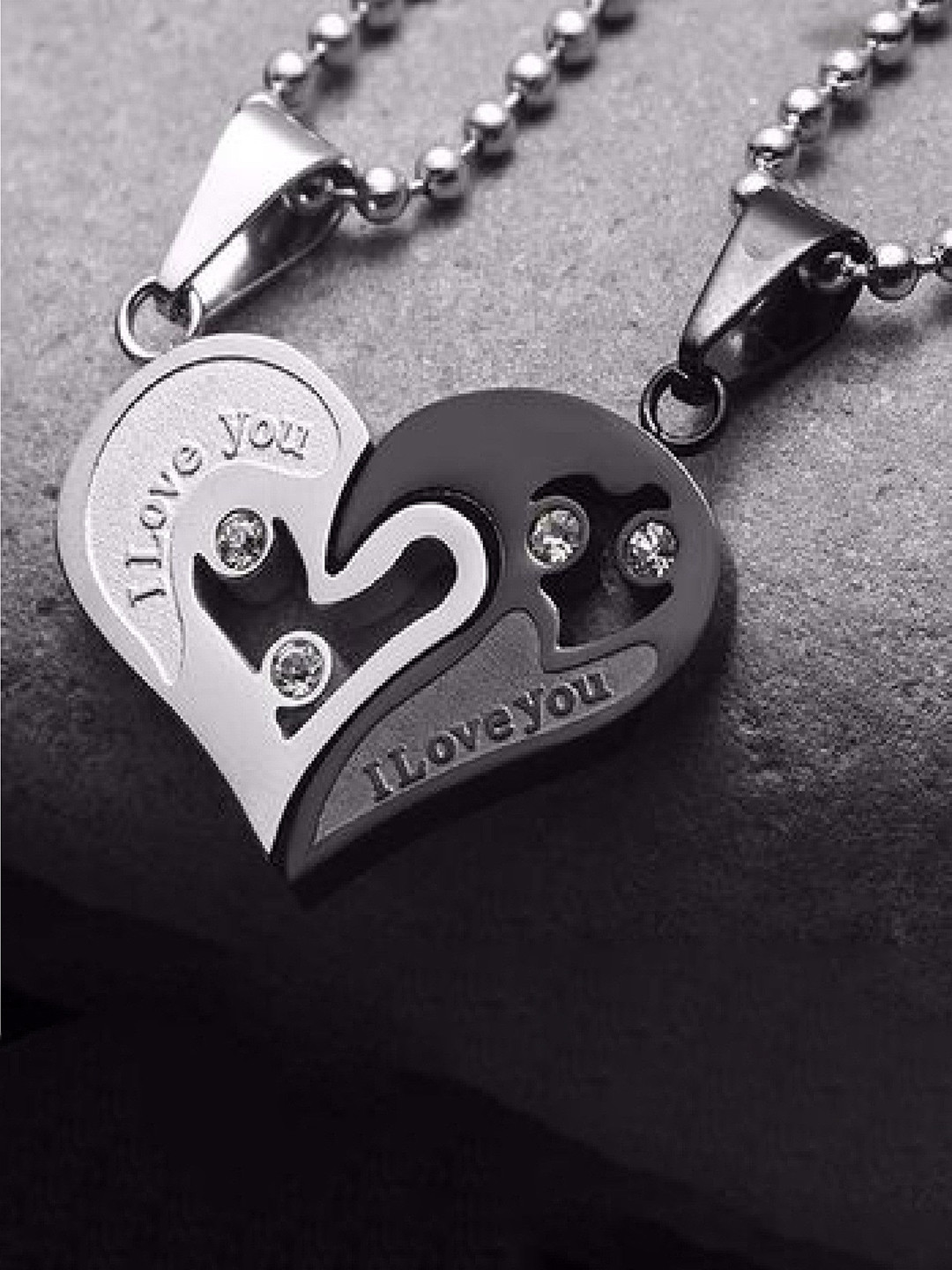 Crazy Fashion Unisex Set Of 2 Artificial Stone Studded Heart Shaped Pendants With Chains