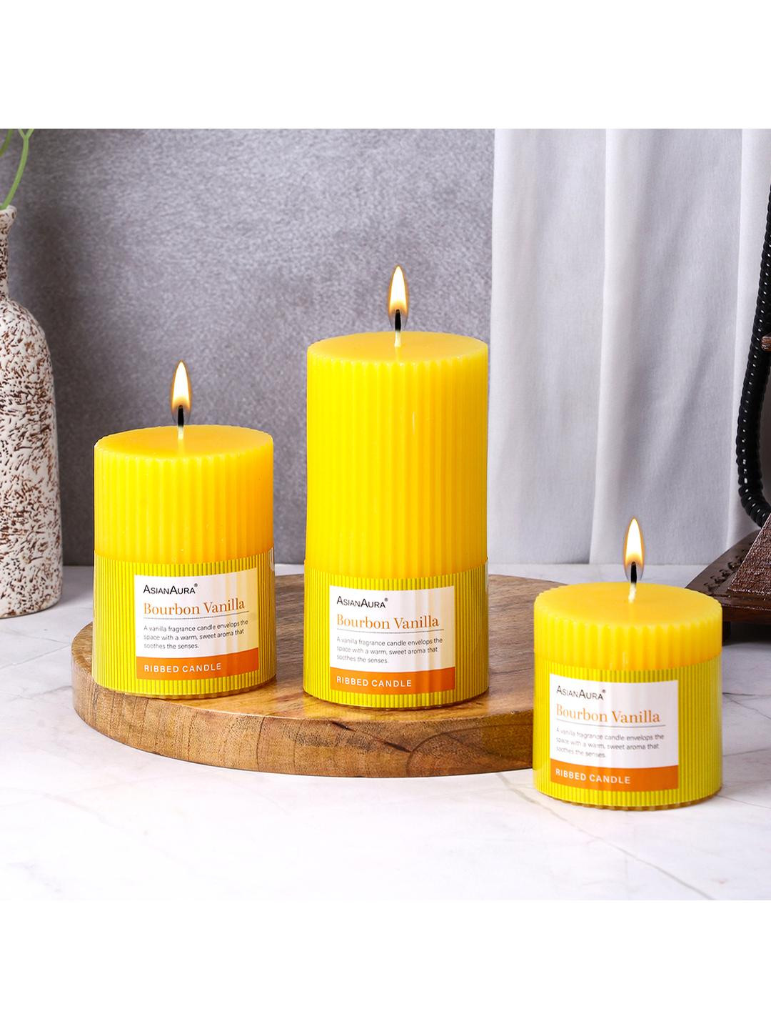 Asian Aura Ribbed Candle Home dcor 3Pcs Bourbon Vanilla Solid Pillar Candles