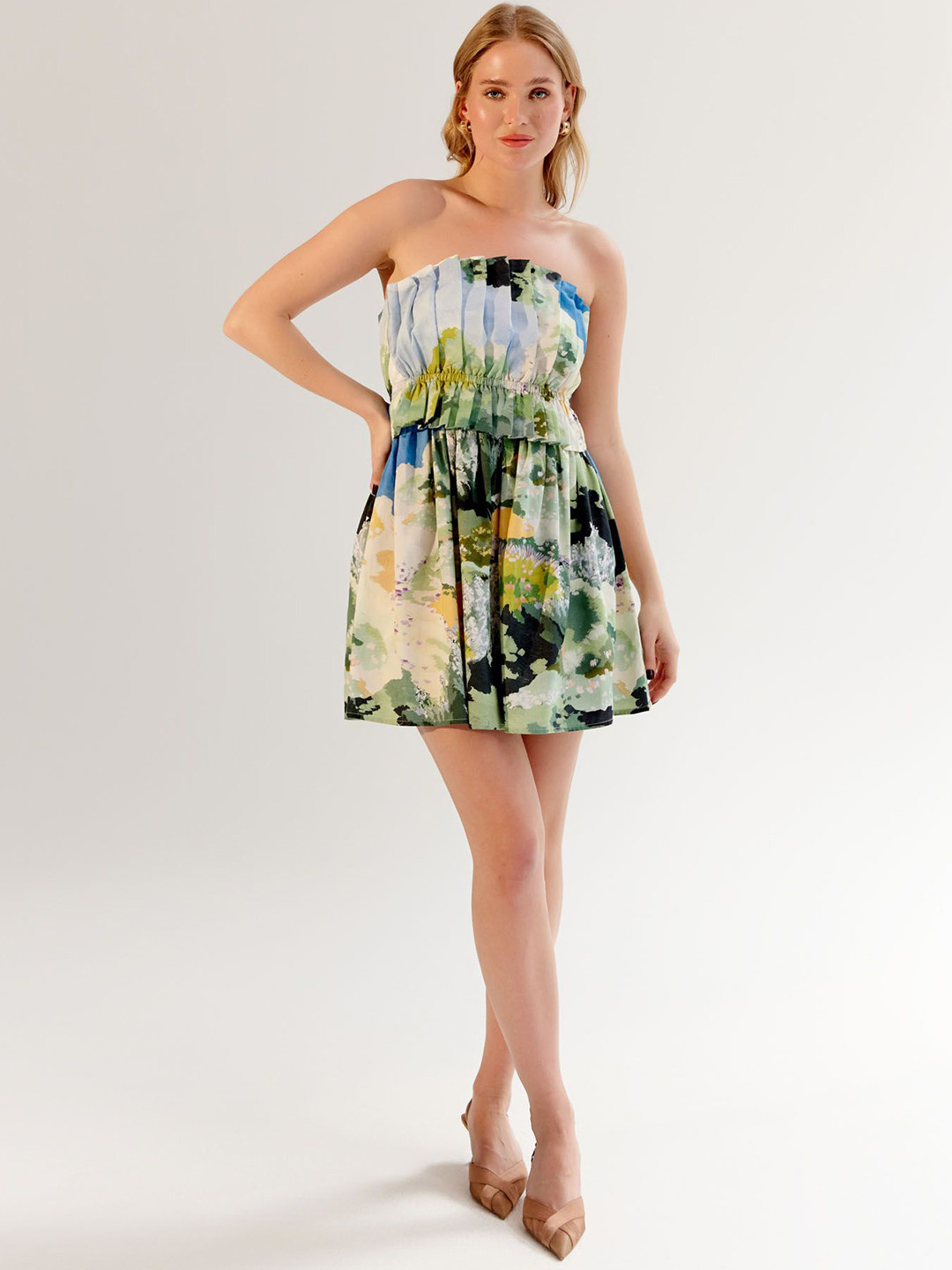 NOIB Isabella Mini - Forest Women Abstract Printed Strapless Bandeau Mini Dress