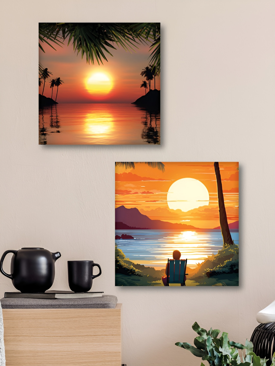 Aura Black & Orange Colored 2 Pieces Sunrise & Sunset Printed Canvas Wall Arts