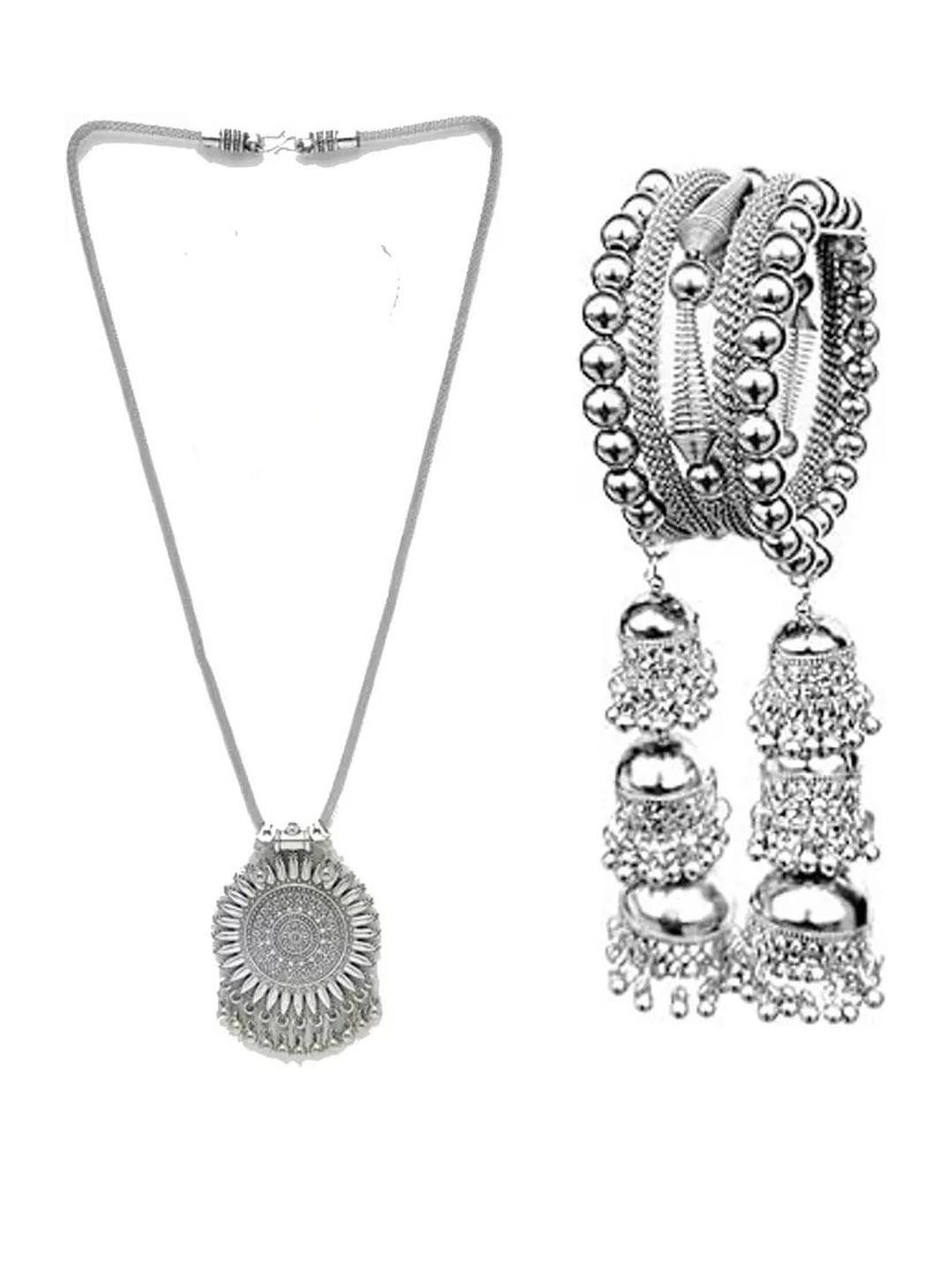 Silver Oxidized Necklace with JhumkiBracelet