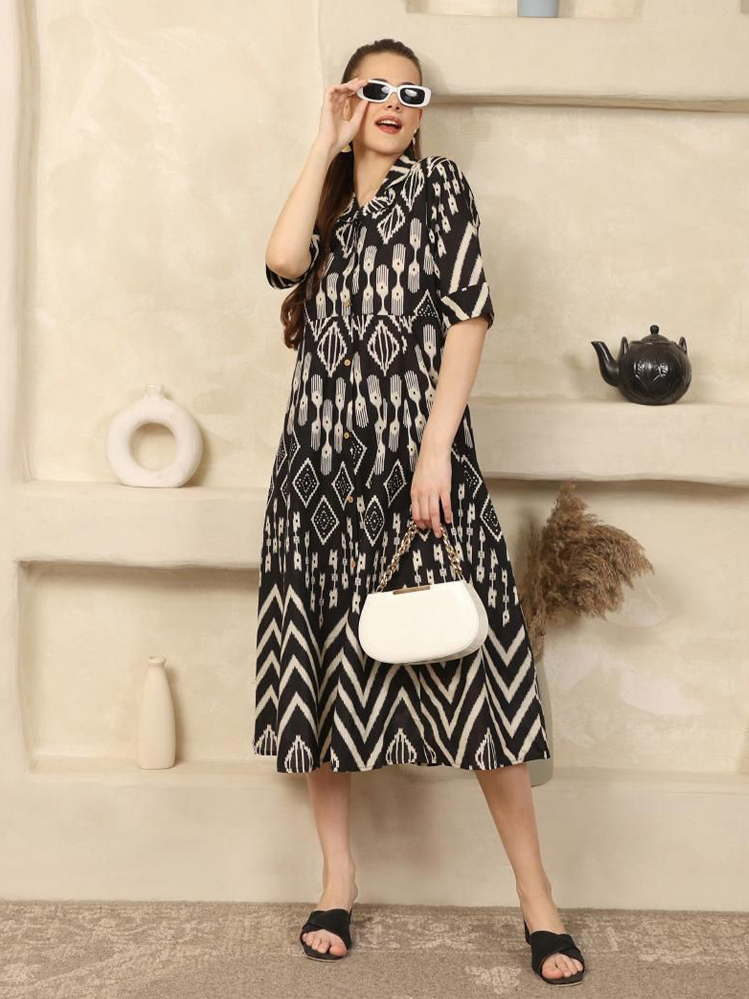 House Of Attire Women Geometric Printed Lapel Collar Cotton A-Line Dress