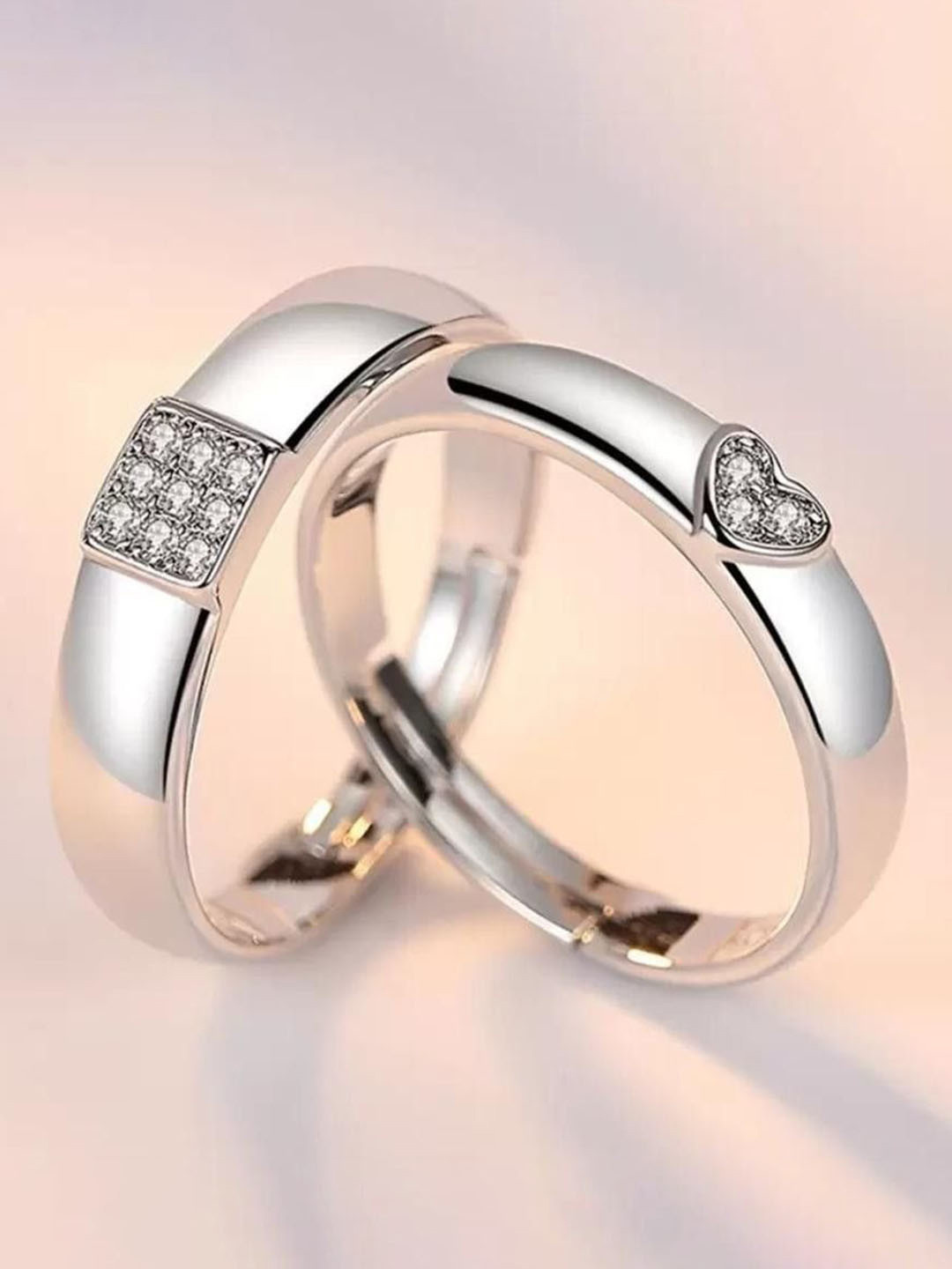 kazare Unisex Set Of 2 Stone-Studded Heart & Square Shaped Adjustable Finger Rings