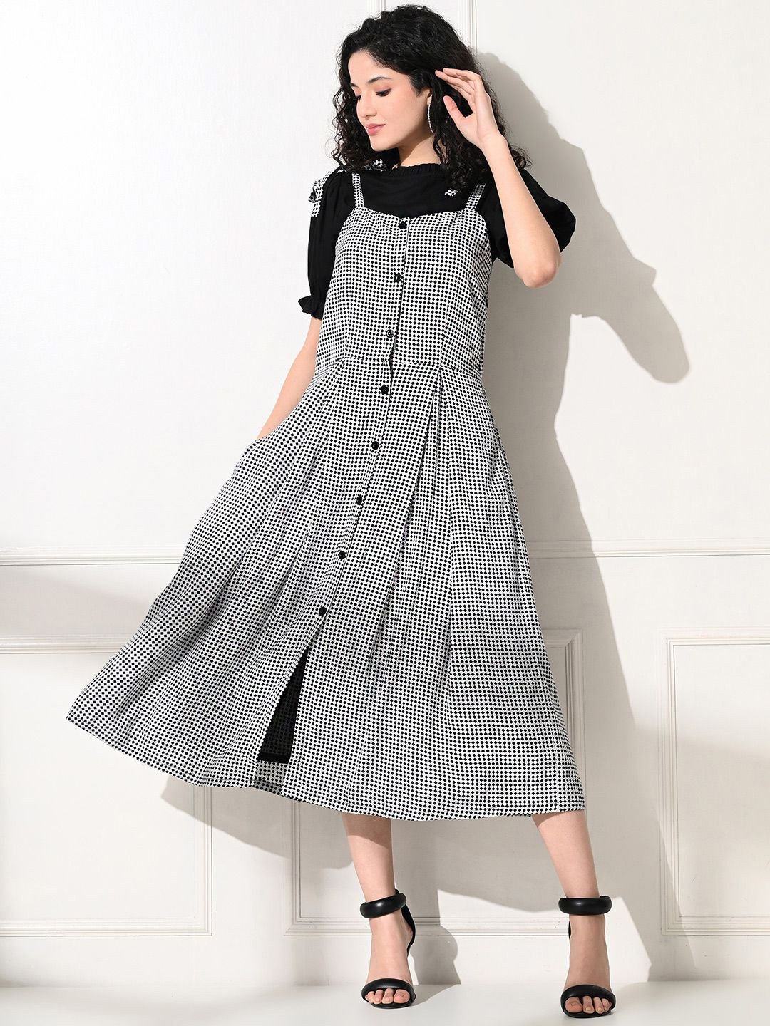 SHINISHA Women Print Puff Sleeve A-Line Midi Dress