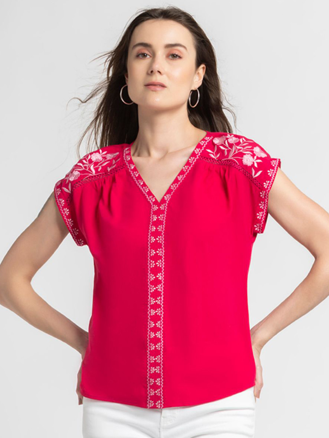 SHAYE V-Neck Pink Embroidered Short Sleeves Casual Tops For Women