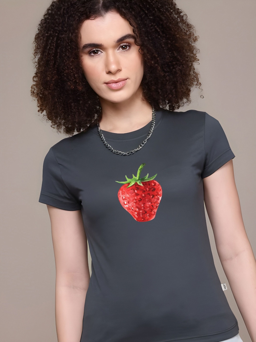 SZN Women Graphic Grey T-shirt with Strawberry Print