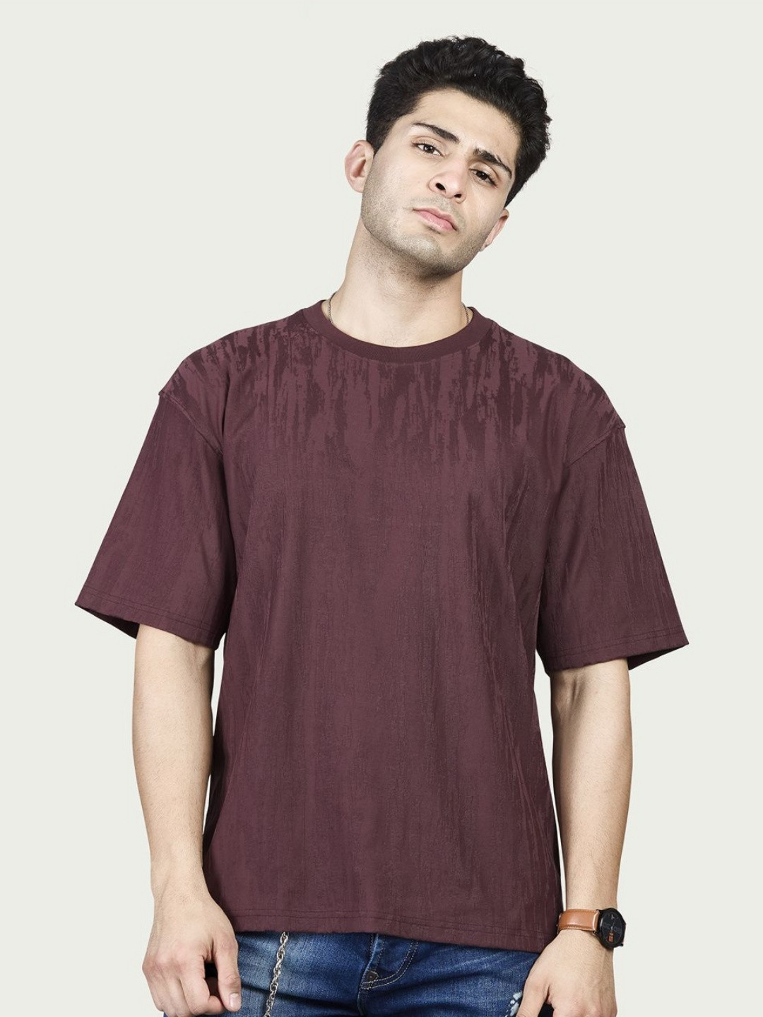 BE POSITIVE Men Maroon Abstract Self Design T-shirt