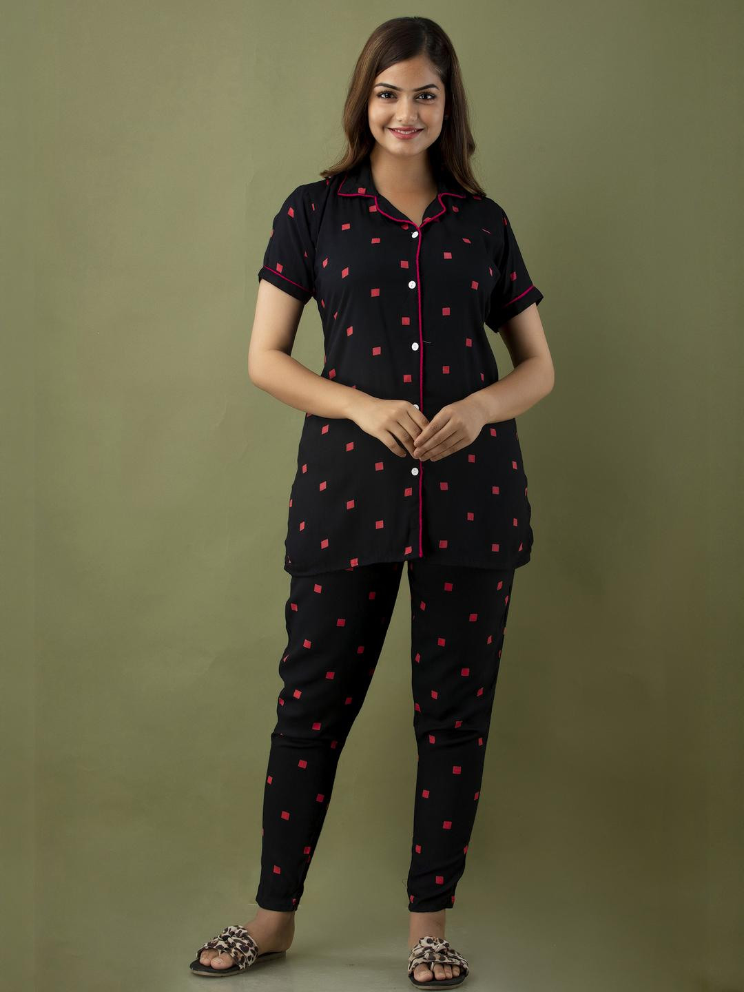 Women Black Box Print Night Suit
