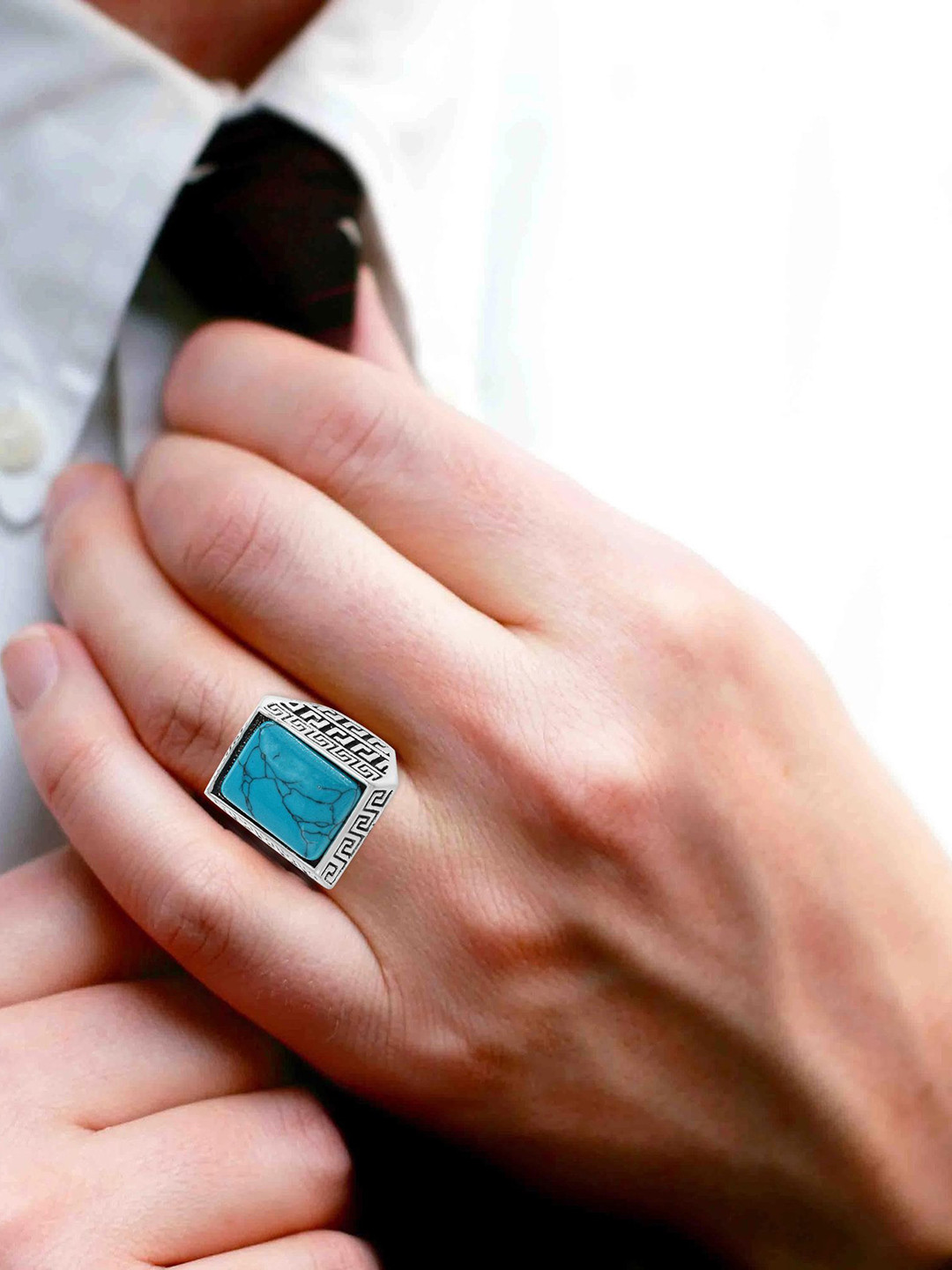 Missmister Silver-Plated Turquoise Firoza Stone Studded Oxidised Finger Ring