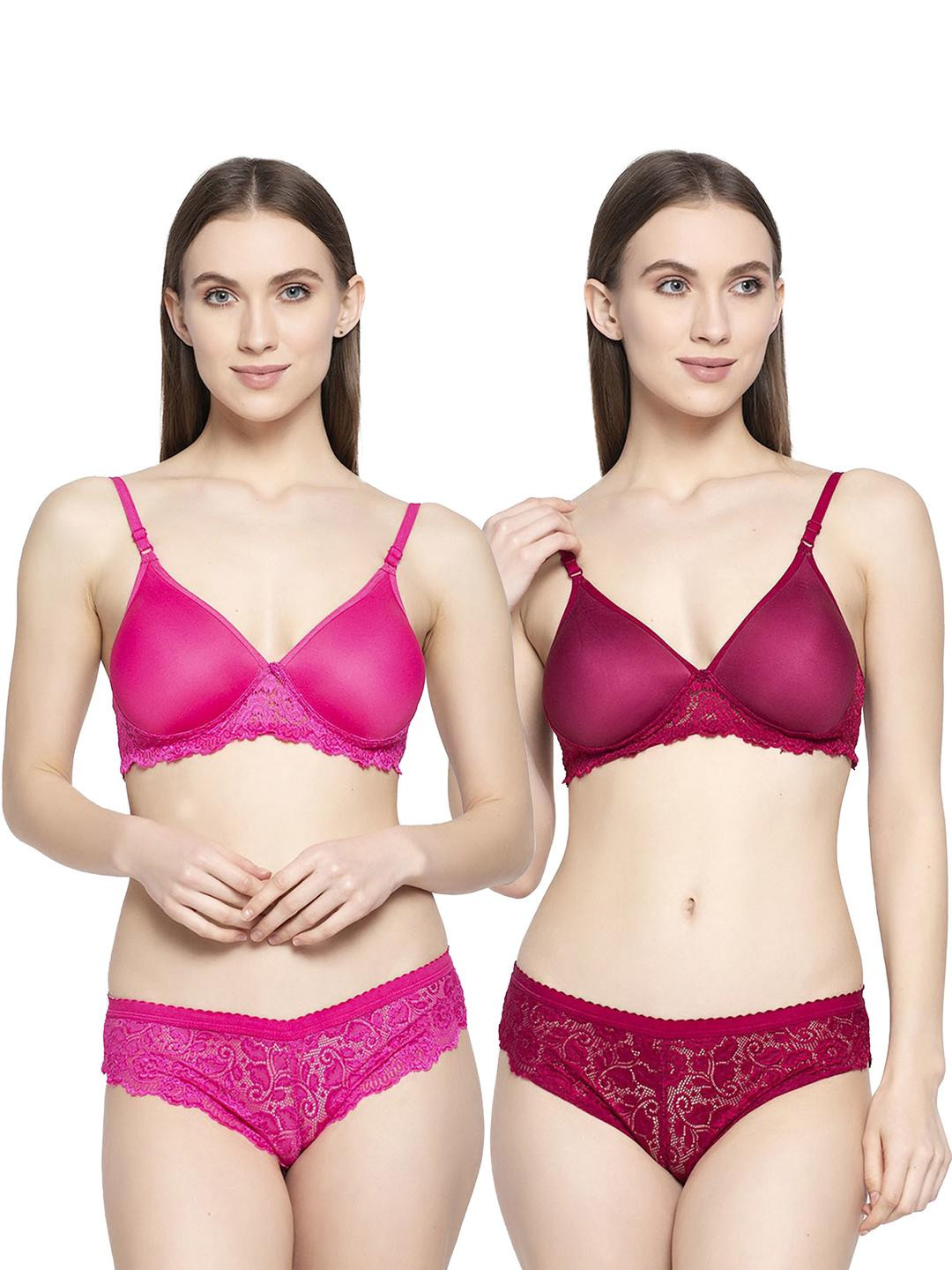 Women Pink,Maroon Cotton Blend Bra Panty Set for Lingerie Set Undergarments Pack of 2