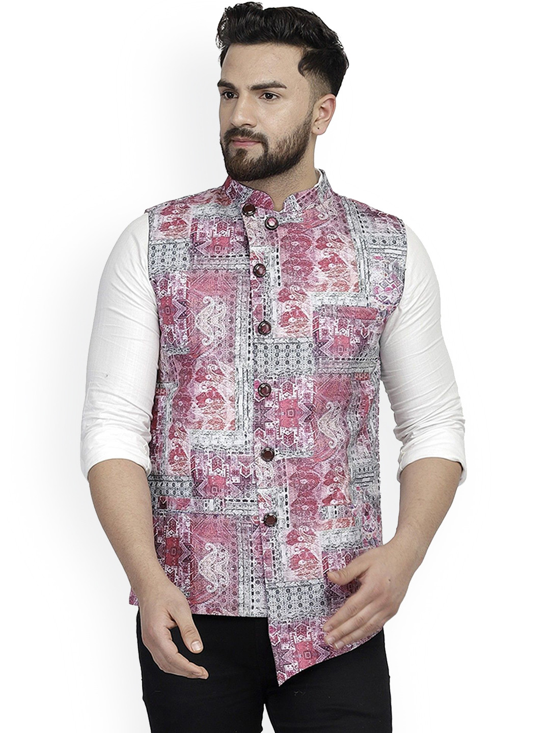 B BEN Printed Mandarin Collar Neck Woven Nehru Jacket