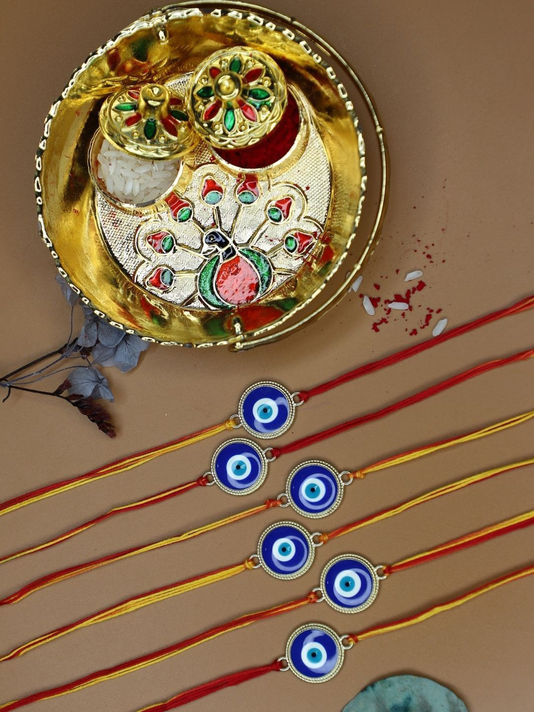 Anouk Set Of 6 Evil Eye Rakhi With Funny Card & Thali