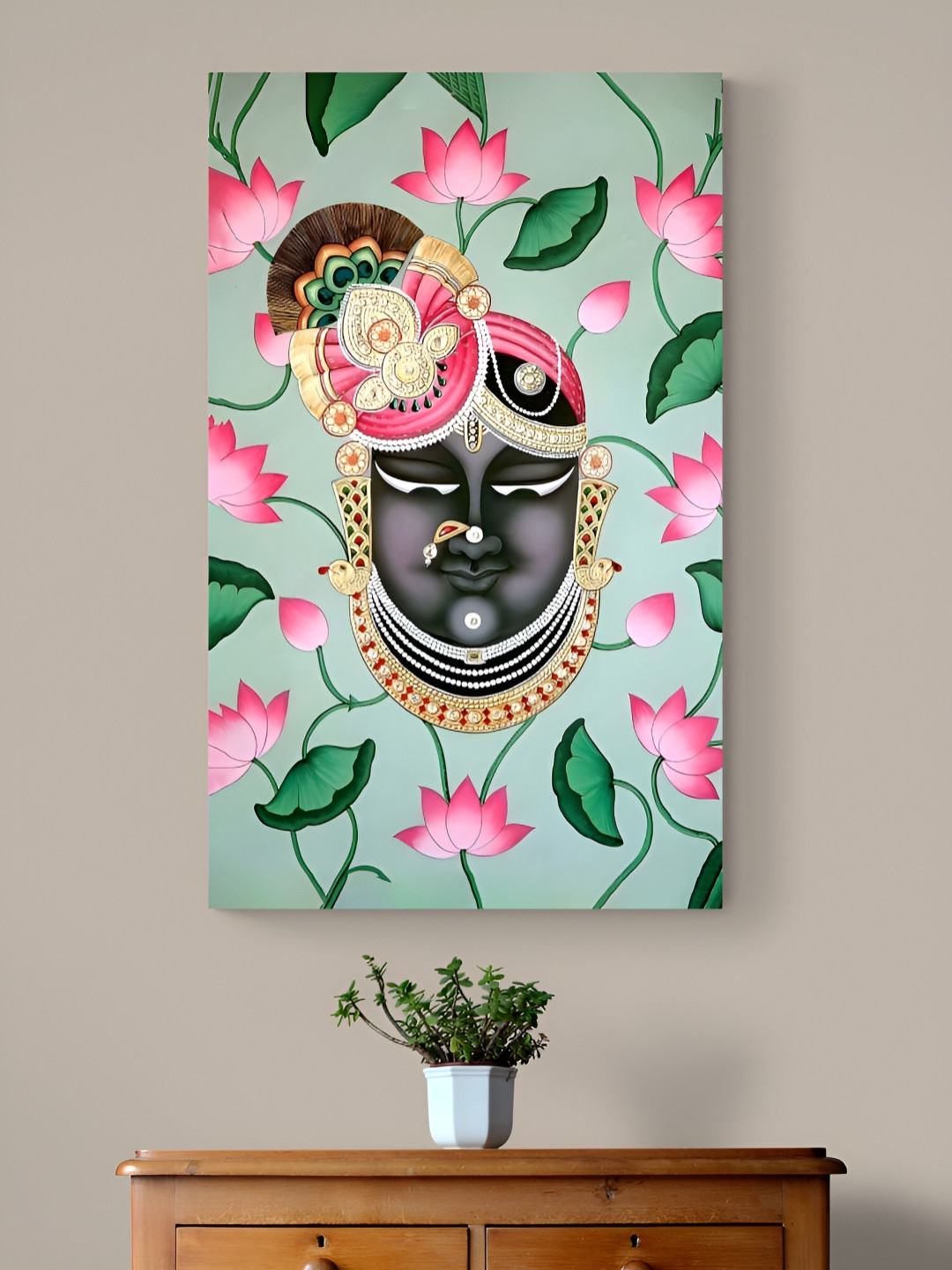 Tushaco Handicrafts Green & Pink Shrinath ji Canvas Wall Art