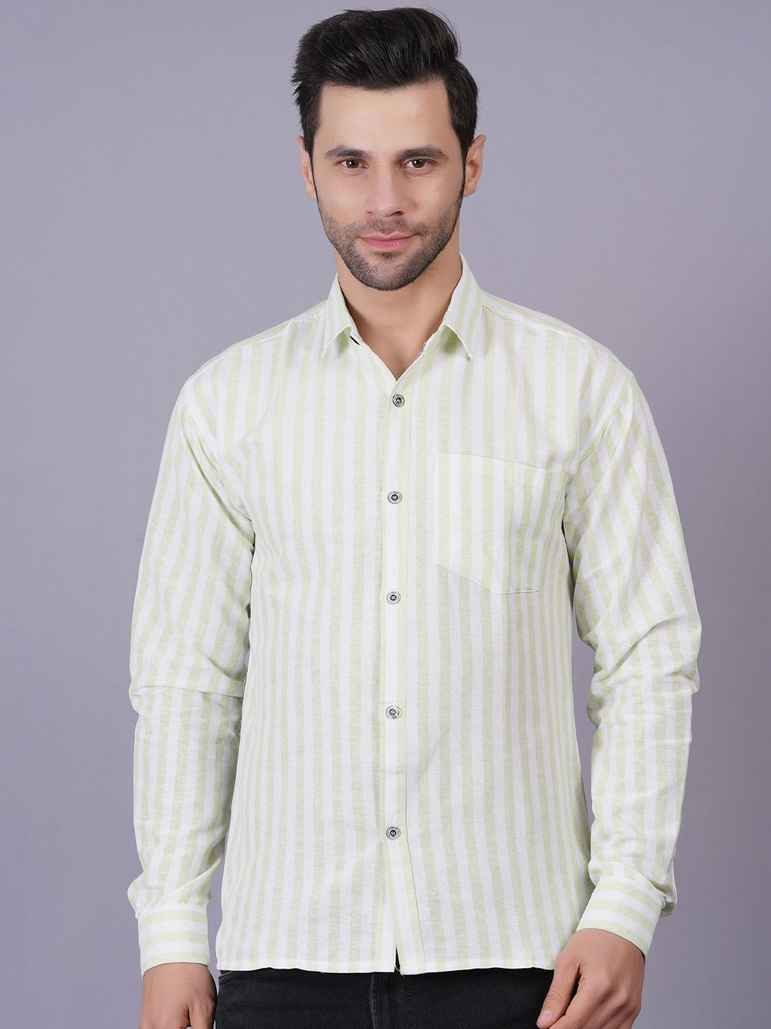 Green Vertical Stripes Regular Fit Casual Shirt